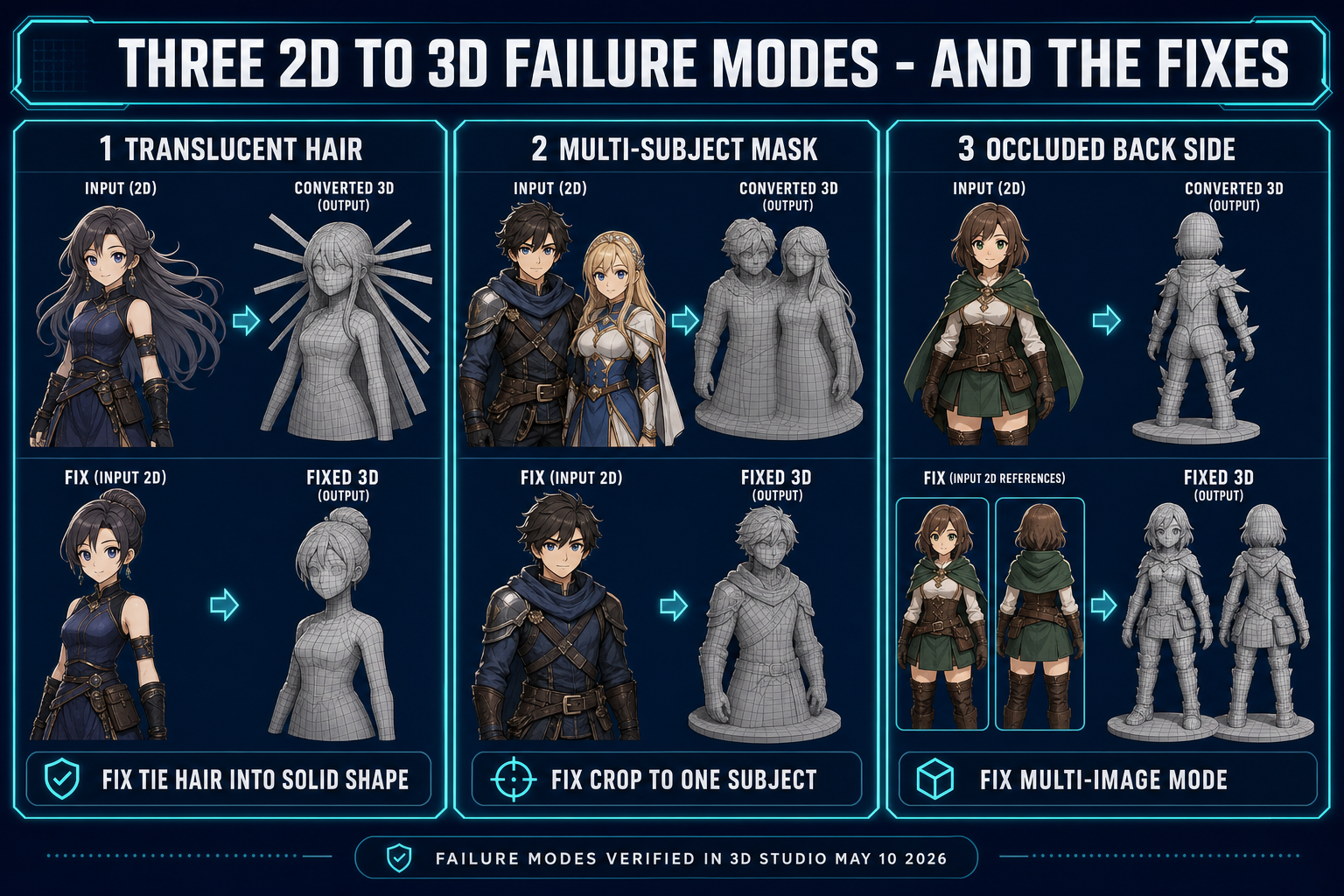 Three 2D to 3D image conversion failure modes: translucent hair fan-out, multi-subject mask confusion, occluded back side hallucination — and the input fix for each