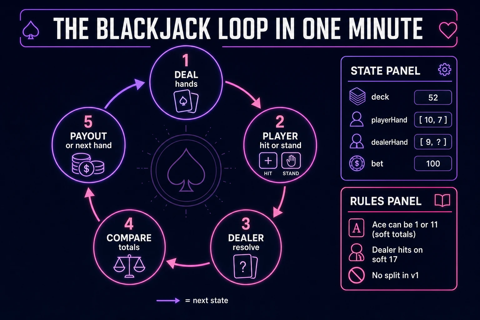 Blackjack loop state machine diagram showing deal, player hit or stand, dealer resolve, compare totals, and payout or next hand