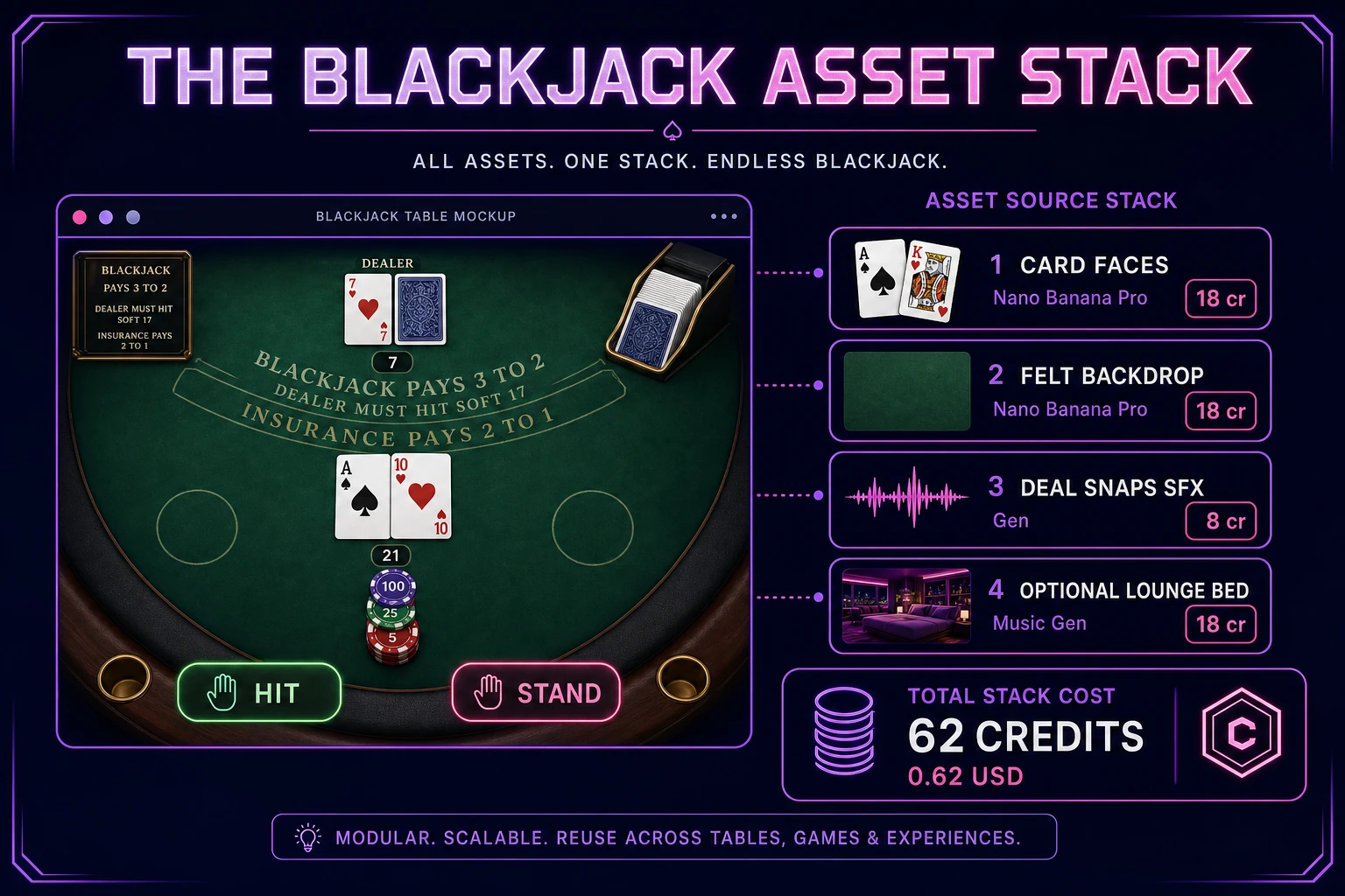Blackjack asset stack diagram showing AI Image Gen card faces, SFX Gen deal snaps, optional Music Gen lounge bed, and total credit cost under one dollar