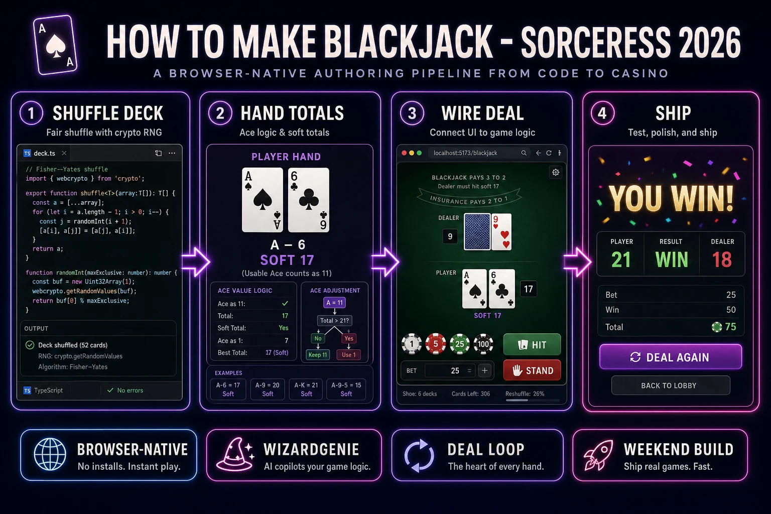 How to make blackjack browser pipeline: model a shuffled deck and Ace soft totals, wire deal hit and stand in WizardGenie, and ship a browser deal loop