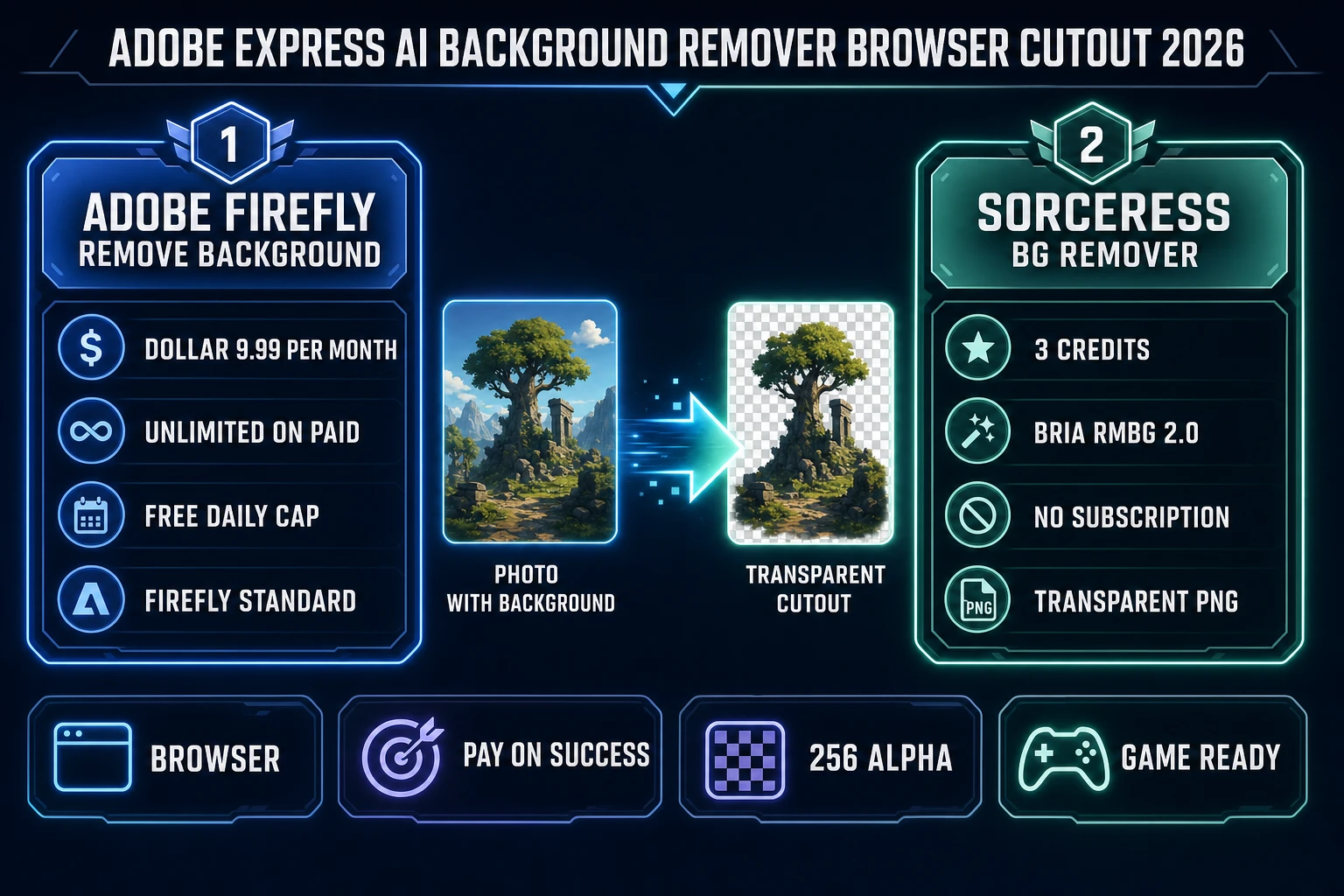 Adobe Express AI background remover compared with Sorceress BG Remover: Firefly Standard $9.99/mo unlimited, Sorceress 3 credits per cutout on Bria RMBG 2.0