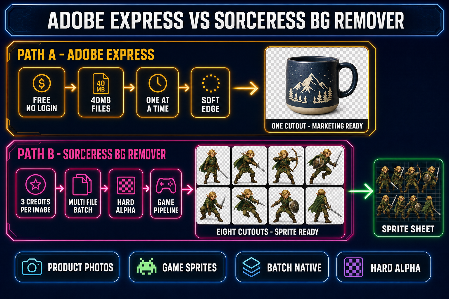 Side-by-side comparison diagram of Adobe Express versus Sorceress BG Remover - top lane shows Express with a single product mug cutout for marketing - bottom lane shows Sorceress with eight character cutouts arranged into a sprite sheet - both lanes labelled with their distinct strengths