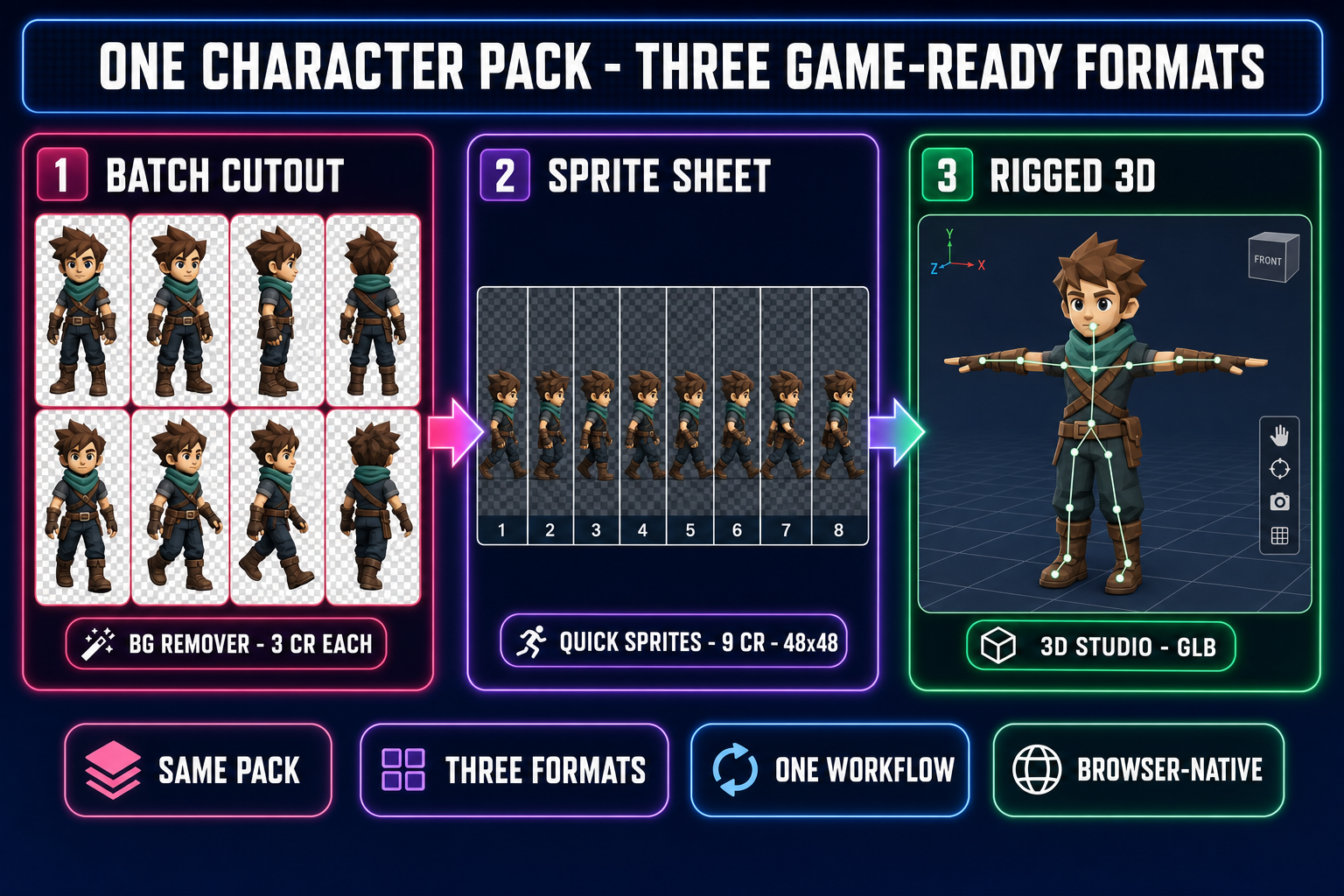Diagram showing one character pack transformed into three game-ready formats - eight cutout frames from BG Remover at 3 credits each, an 8-frame walk cycle sprite sheet from Quick Sprites at 9 credits and 48 by 48 pixels, and a rigged 3D model in T-pose from 3D Studio - on a dark navy background with magenta, purple, and emerald accents