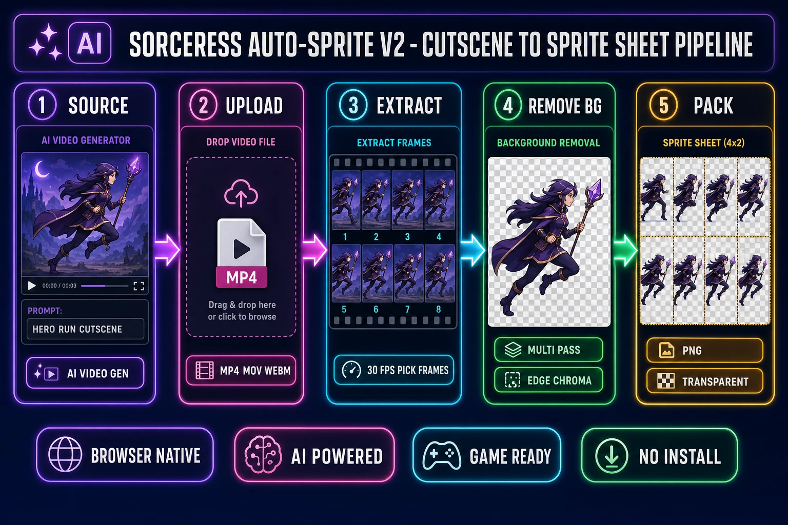 Sorceress Auto-Sprite v2 cutscene to sprite sheet pipeline diagram showing five numbered steps of AI source generation, MP4 upload, frame extraction at 30 FPS, multi-pass background removal with edge chroma cleanup, and packed transparent PNG sprite sheet export, on dark navy background with purple fuchsia cyan emerald and amber accents