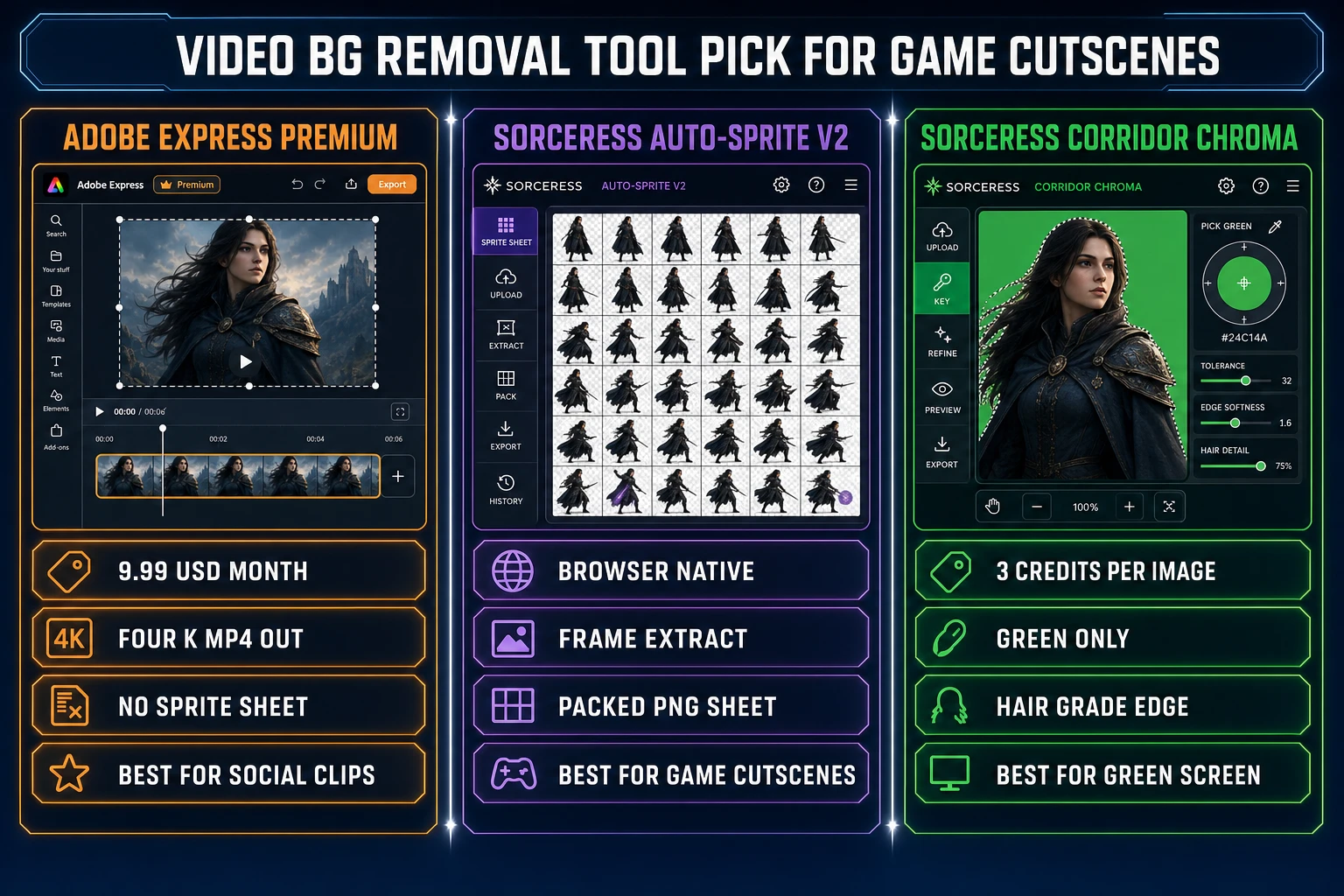 Video background removal tool pick for game cutscenes three lane comparison showing Adobe Express Premium at 9.99 dollars per month with MP4 output best for social clips on the left, Sorceress Auto-Sprite v2 with frame extract and packed PNG sheet best for game cutscenes in the center, Sorceress Corridor Chroma at 3 credits per image with green only hair grade edge best for green screen on the right, on dark navy background with orange purple and emerald accents