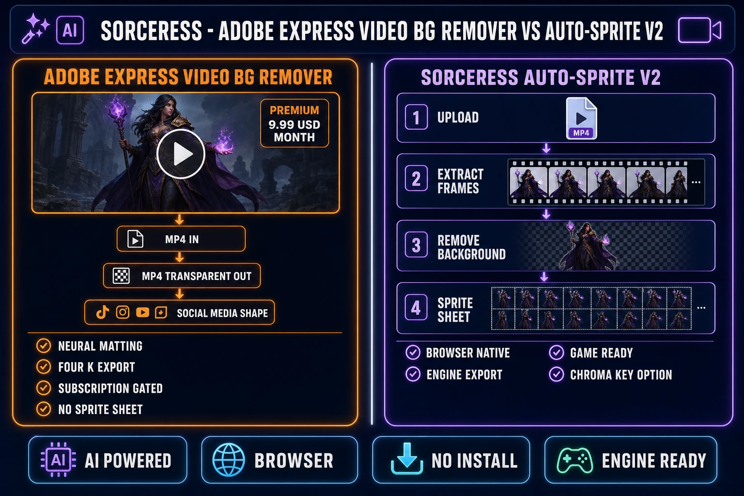 Adobe Express AI video background remover versus Sorceress Auto-Sprite v2 product diagram, left lane shows Adobe Express Premium with subscription gating and MP4 transparent video output, right lane shows Auto-Sprite v2 four step pipeline of upload extract frames remove background and sprite sheet on dark navy background with orange and purple accents