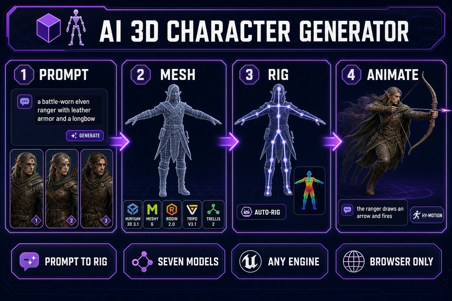 AI 3D character generator pipeline: text prompt, mesh extraction across seven image-to-3D models, humanoid auto-rig, and text-to-motion animation, ending in a game-ready GLB