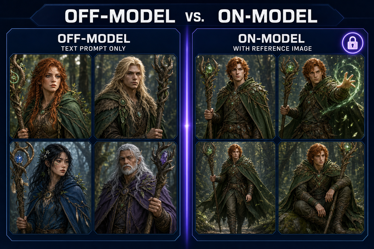 Side-by-side comparison of off-model AI character generator outputs versus on-model outputs locked with a reference image