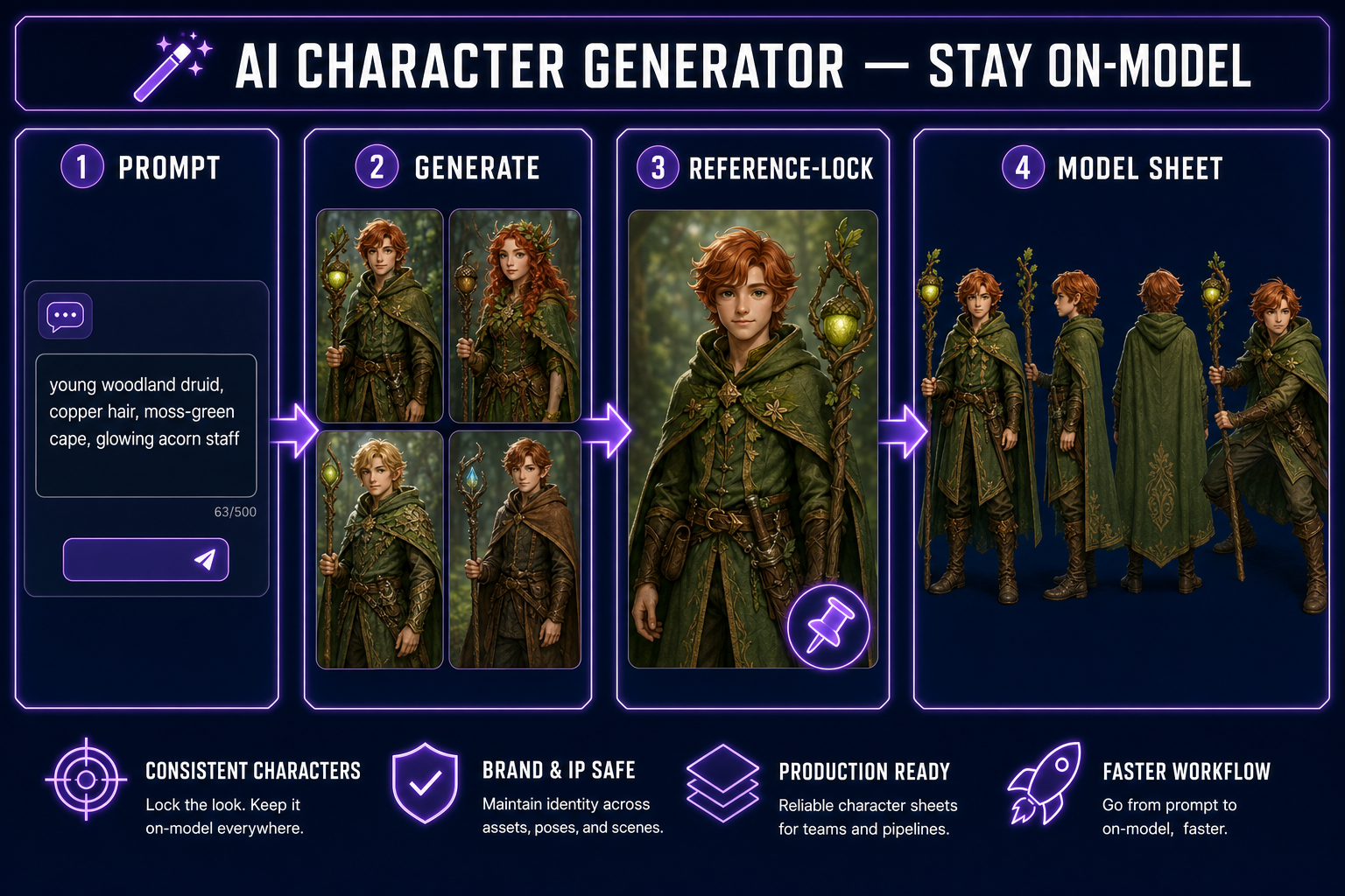 Diagram of an AI character generator workflow: prompt, generate, reference-lock, consistent model sheet