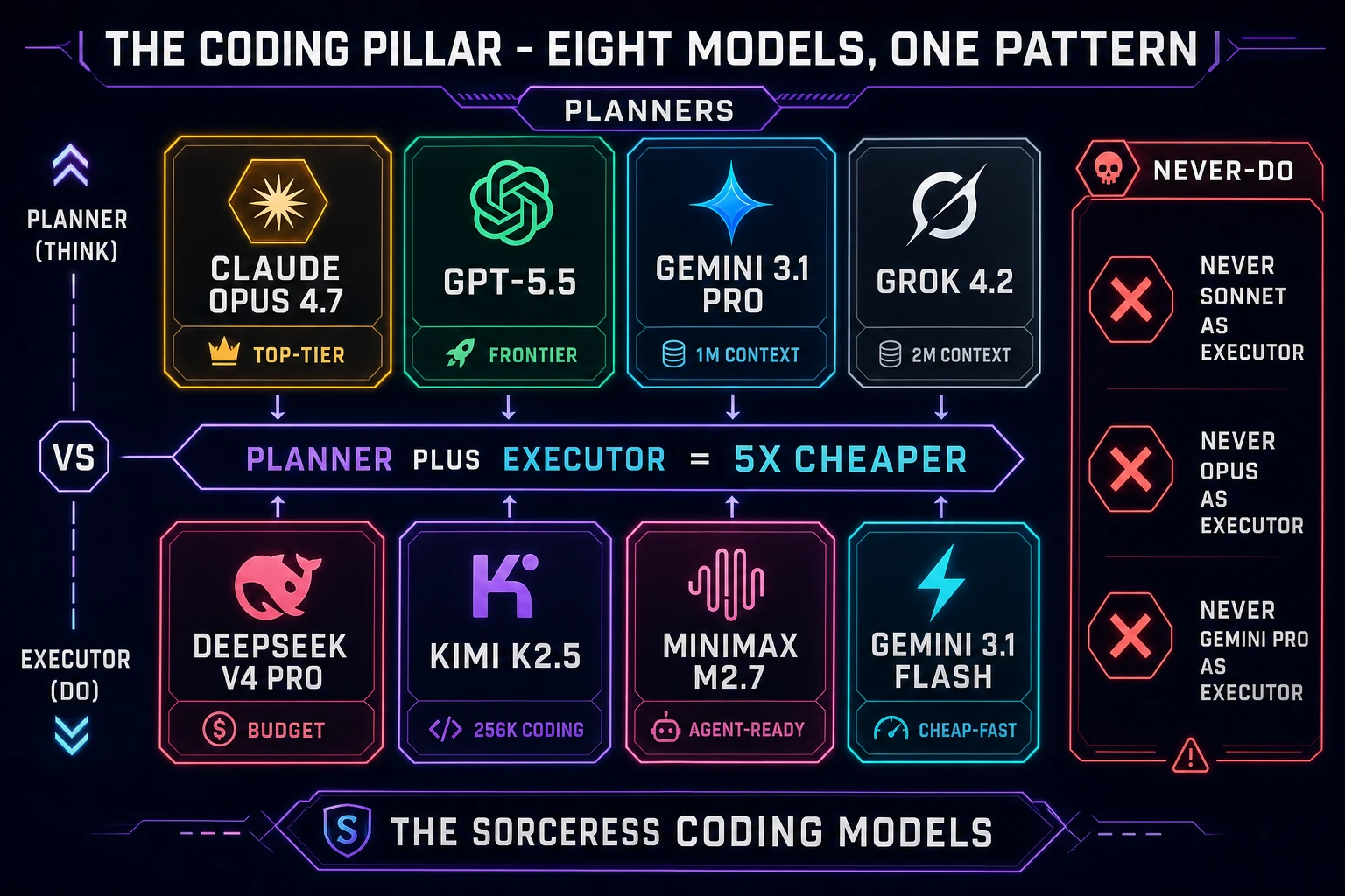 The Sorceress coding pillar - eight coding models arranged as a Planner Executor grid: Claude Opus 4.7, GPT-5.5, Gemini 3.1 Pro, and Grok 4.2 as Planners; DeepSeek V4 Pro, Kimi K2.5, MiniMax M2.7, and Gemini 3.1 Flash as Executors; never Sonnet or Opus as Executor