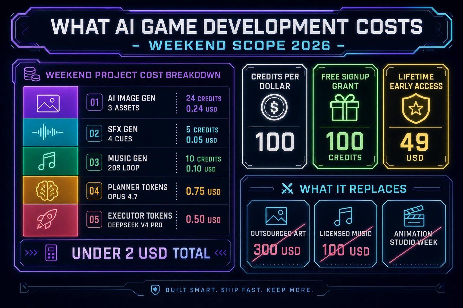 The ai game development cost breakdown for a weekend-scope first project: AI Image Gen 24 credits, SFX Gen 5 credits, Music Gen 10 credits, Planner tokens 0.75 USD, Executor tokens 0.50 USD - under 2 USD total, with a free 100-credit signup grant that covers the asset side