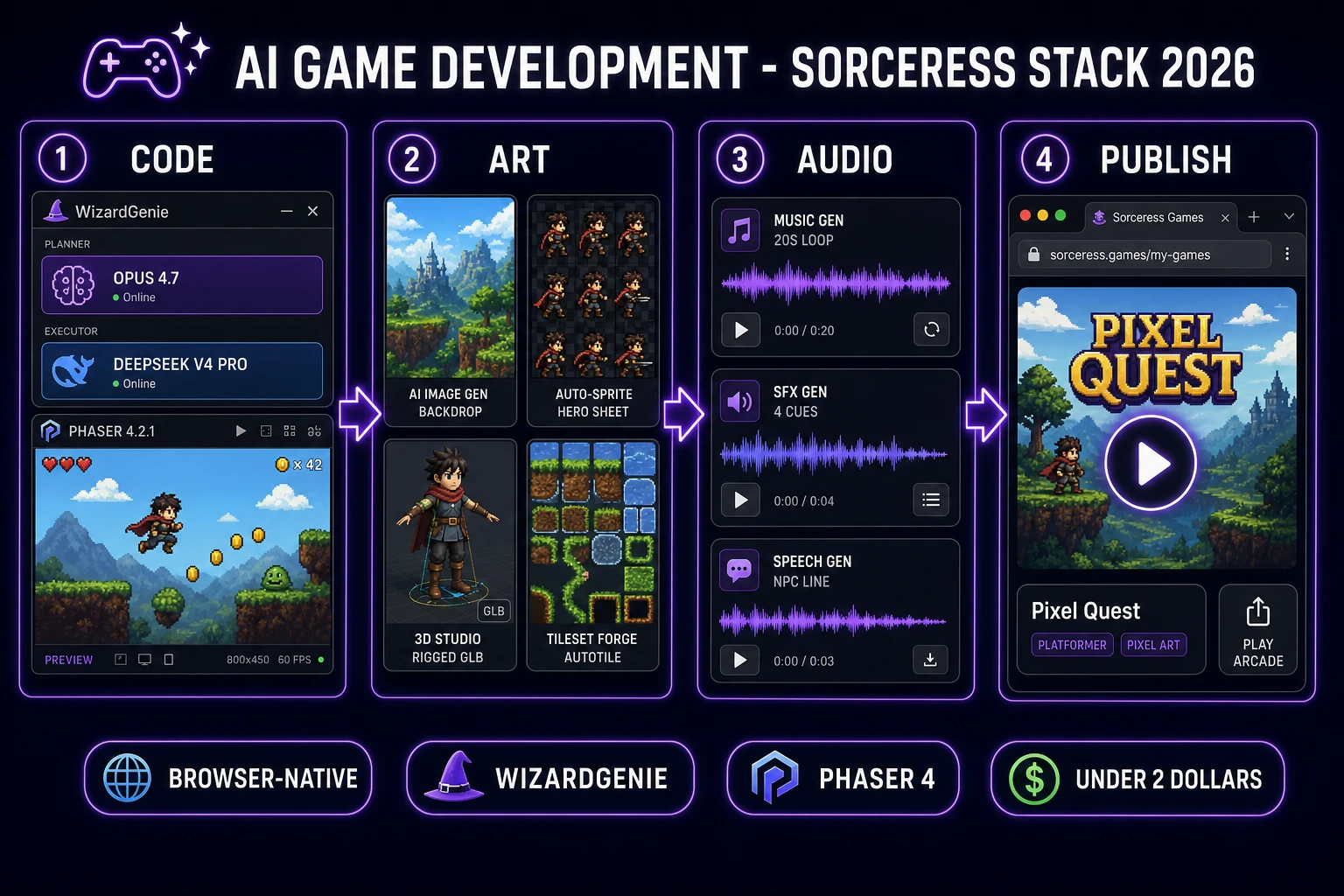 AI game development in 2026 as a four-pillar browser stack: code pillar (WizardGenie plus Planner Executor coding models), art pillar (AI Image Gen, Auto-Sprite, 3D Studio, Tileset Forge), audio pillar (Music Gen, SFX Gen, Speech Gen), and publish pillar (Sorceress Publishing plus Play Arcade)