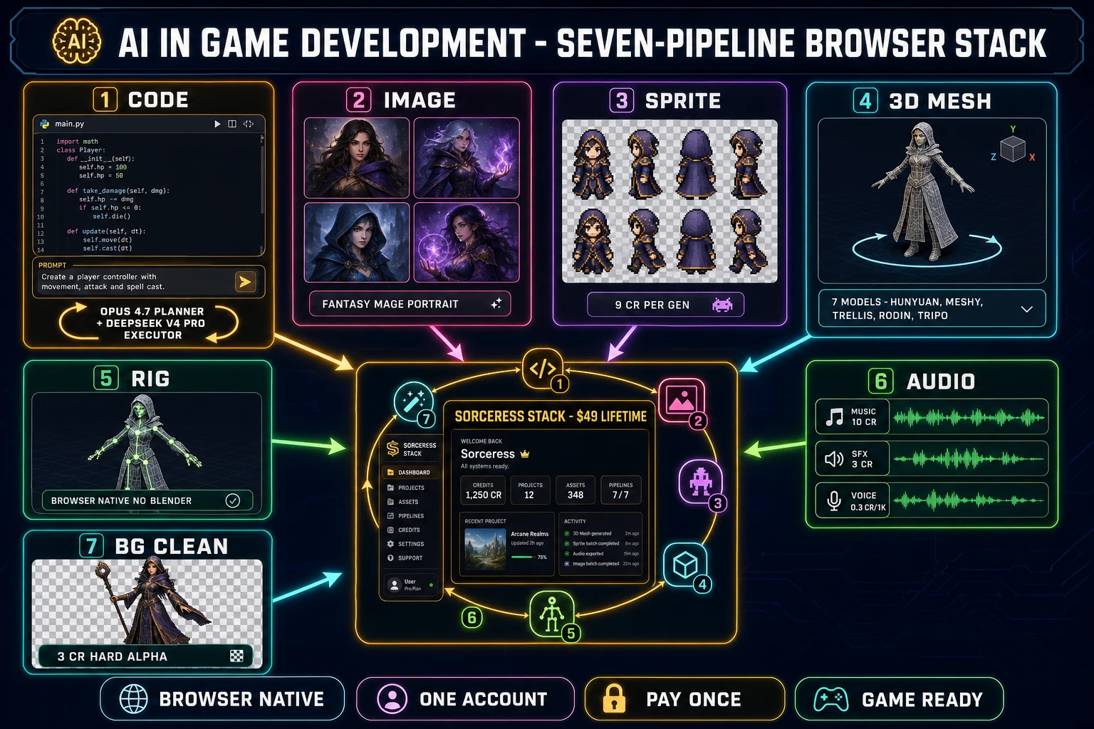 AI in game development pipeline diagram for indie devs - seven concrete pipelines feeding a single browser-native asset stack with code, image, sprite, 3D, audio, voice, and background-removal panels in a unified Sorceress workflow with dark navy background and amber, emerald, cyan, and magenta accents