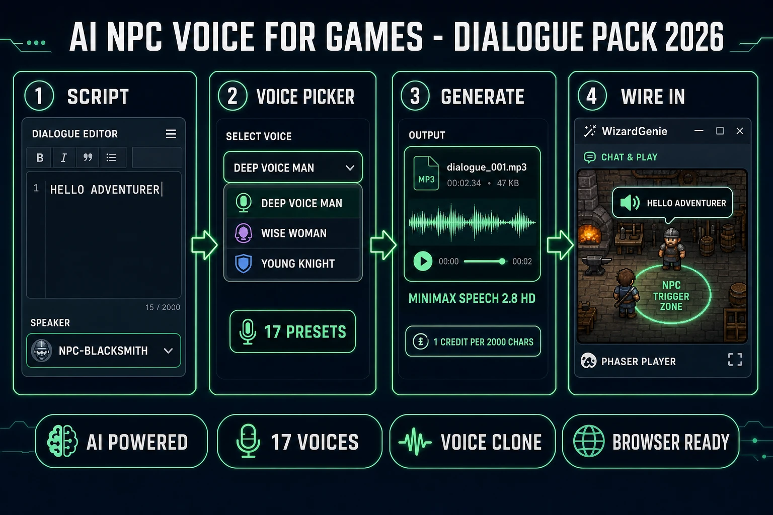 AI NPC voice for games diagram 2026: dialogue editor, 17 voice presets on MiniMax Speech 2.8 HD, mp3 output card, WizardGenie wire-in with a Phaser player entering an NPC trigger zone