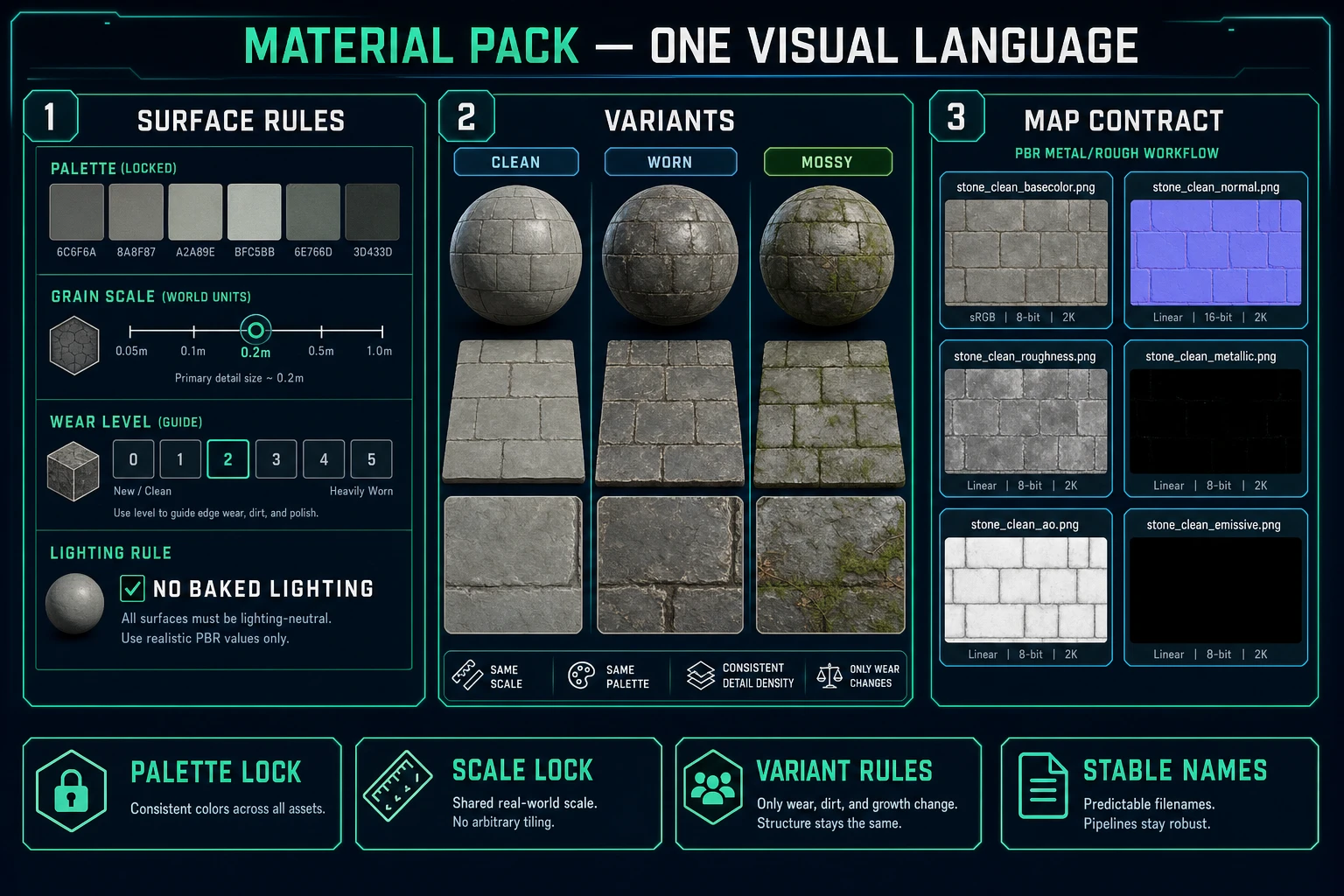 AI PBR texture material family brief showing locked palette, physical scale, clean worn and mossy variants, and stable map filenames