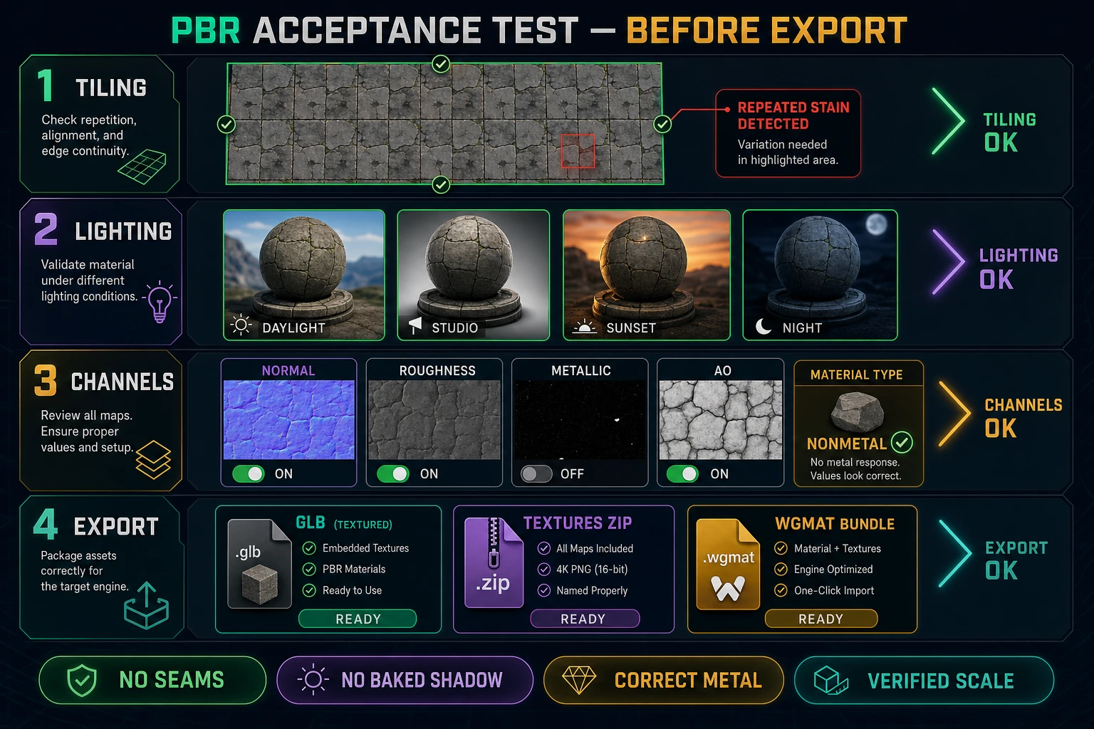 AI PBR texture generator acceptance test for tiling, multiple lighting presets, normal roughness metallic and AO channels, and GLB textures ZIP and WGMAT export