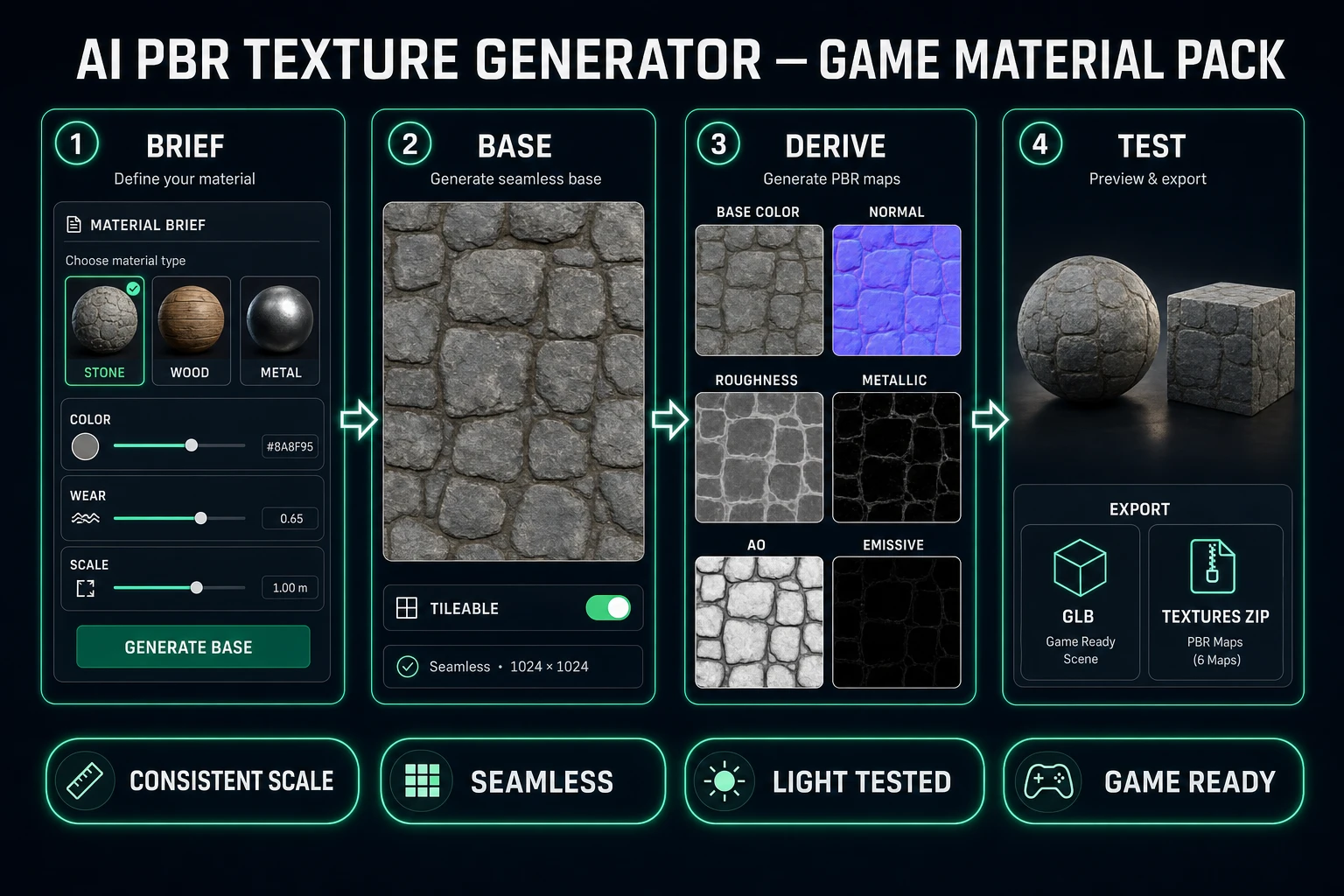 AI PBR texture generator workflow from a material brief through seamless base color and derived maps to lighting tests and game-ready export