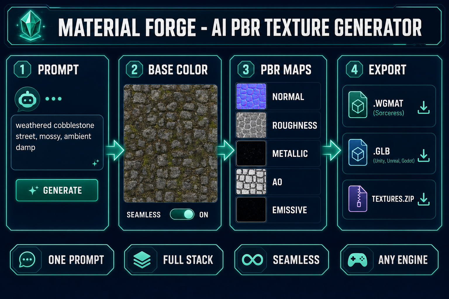 AI PBR texture generator pipeline: prompt or photo to base color, derived PBR maps, and engine-ready exports