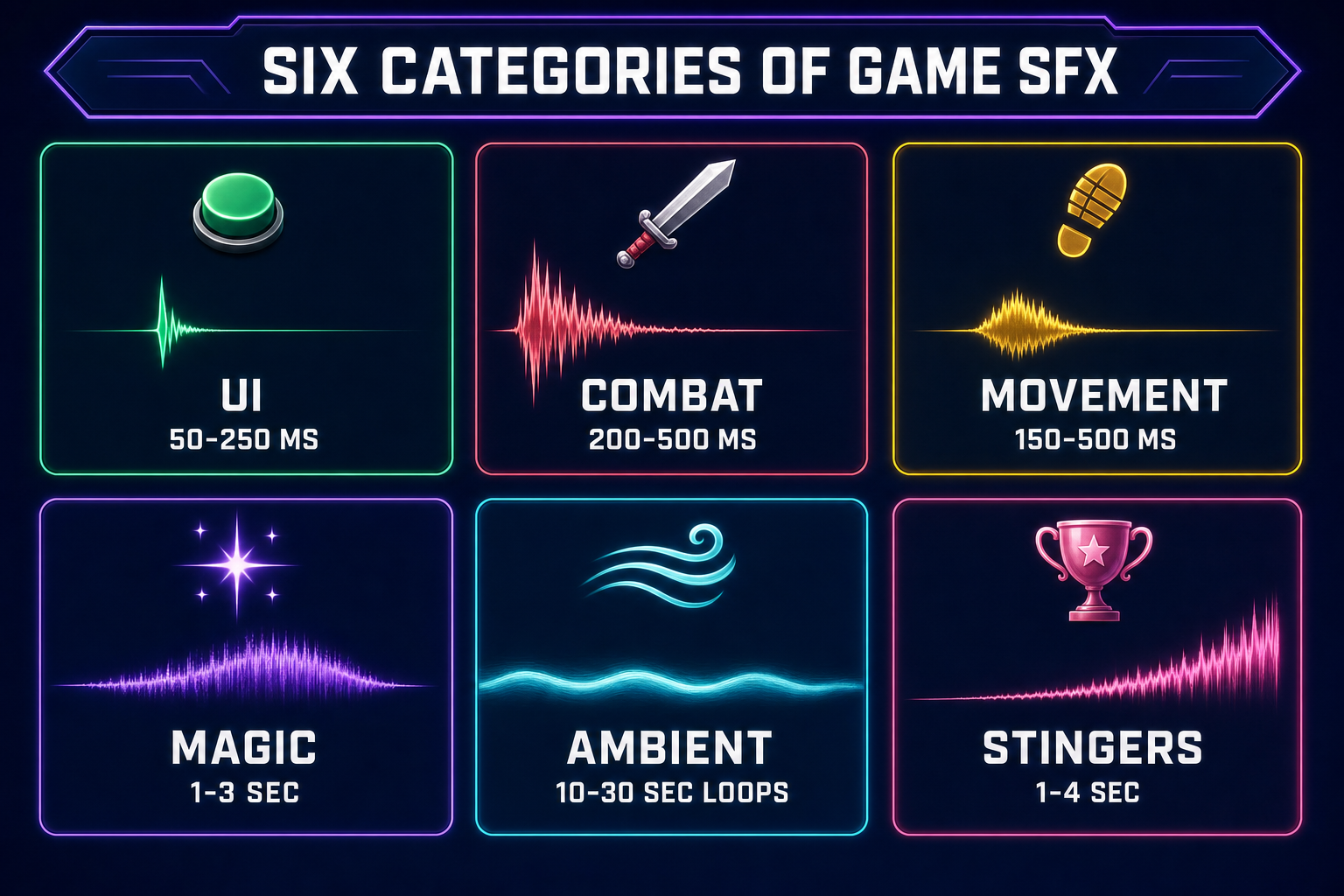 Diagram of the six categories of game sound effects with waveform shapes