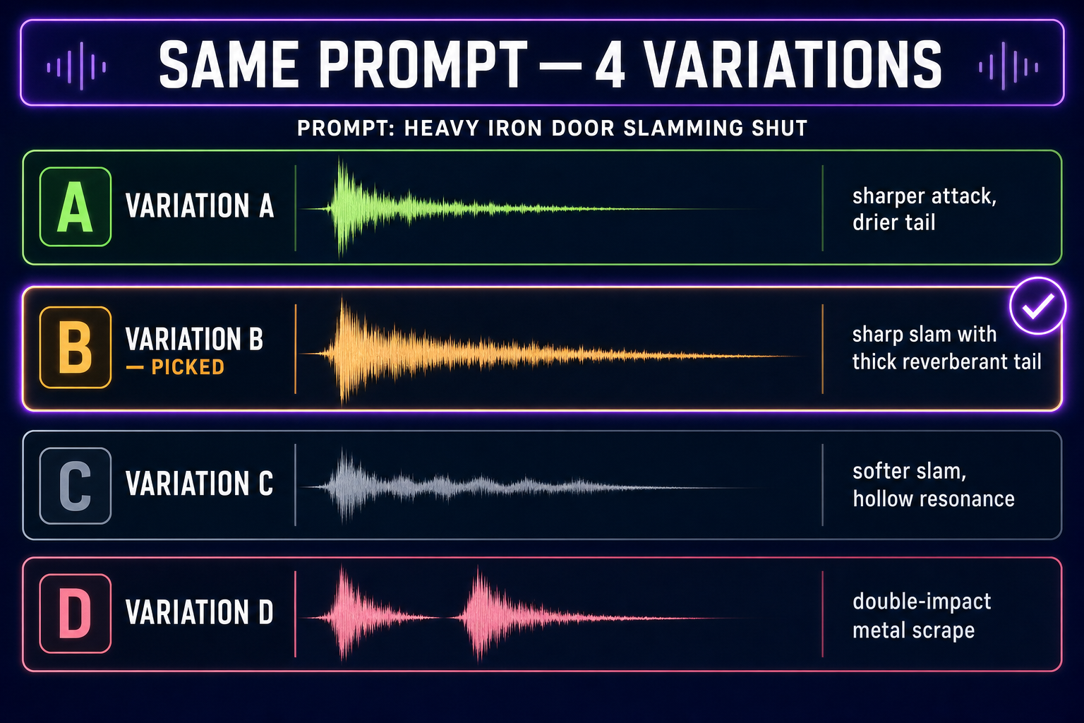 Comparison showing four variations of the same SFX prompt with different waveforms