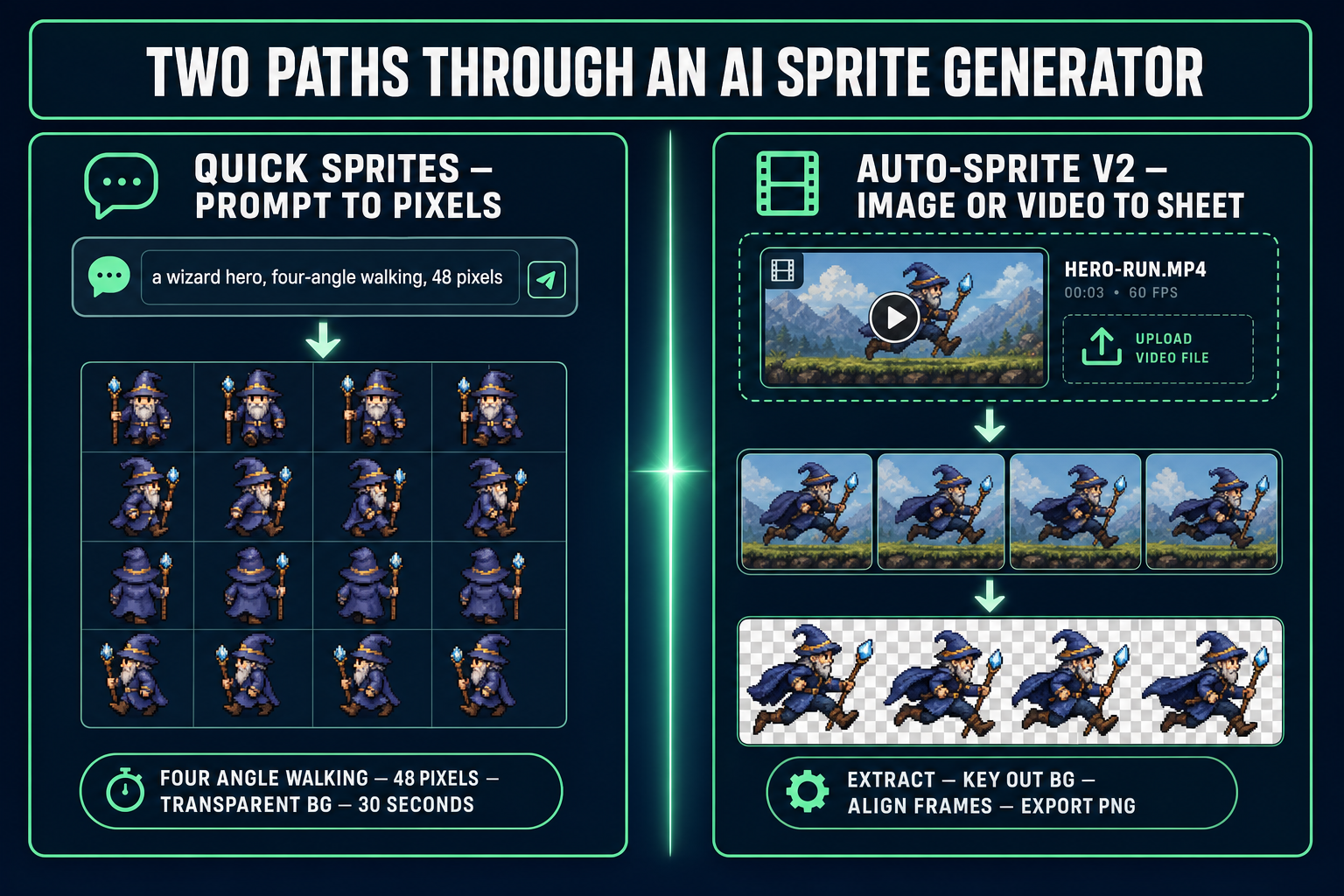 Side-by-side comparison of the two AI sprite generator paths: Quick Sprites takes a text prompt and outputs a 4 by 4 walk cycle grid, while Auto-Sprite v2 takes an uploaded video and outputs an aligned sprite sheet