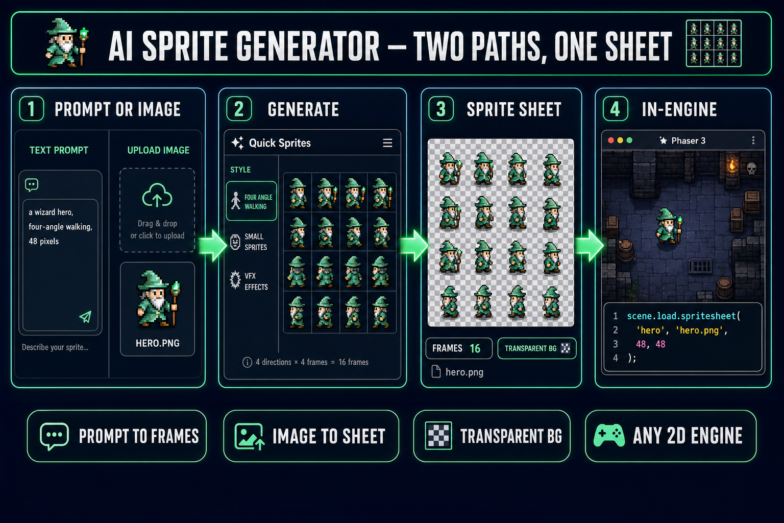 AI sprite generator pipeline: prompt or image input feeds Quick Sprites or Auto-Sprite v2, which produces a transparent-background sprite sheet that drops directly into a Phaser game scene