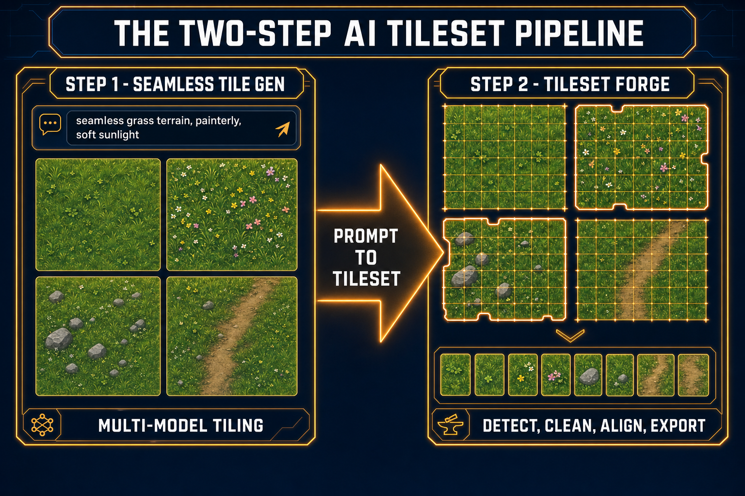 Two-panel pipeline diagram: Seamless Tile Gen produces raw tile thumbnails, Tileset Forge detects, cleans, and aligns them into an exportable tileset