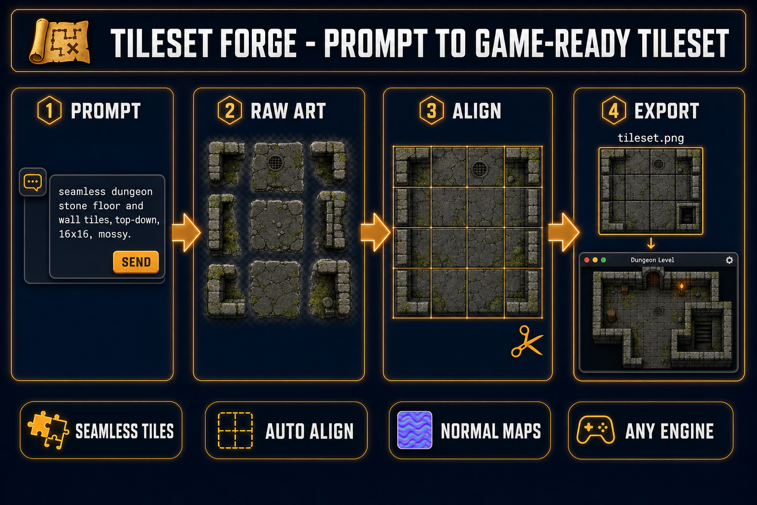 AI tileset generator pipeline: prompt to raw tile art to grid-aligned tileset to engine-ready PNG export