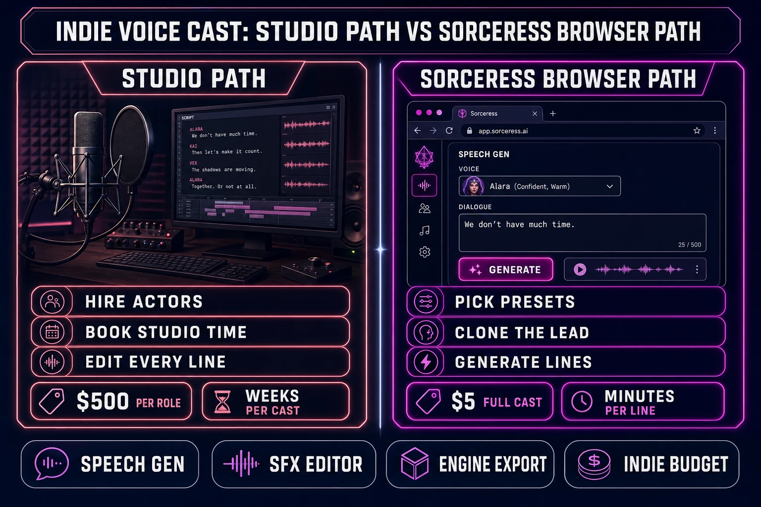 Side-by-side comparison of an indie voice cast made the studio path vs the Sorceress browser path &mdash; left lane shows hire actors, book studio time, $500 per role, weeks per cast; right lane shows pick presets, clone the lead, $5 full cast, minutes per line