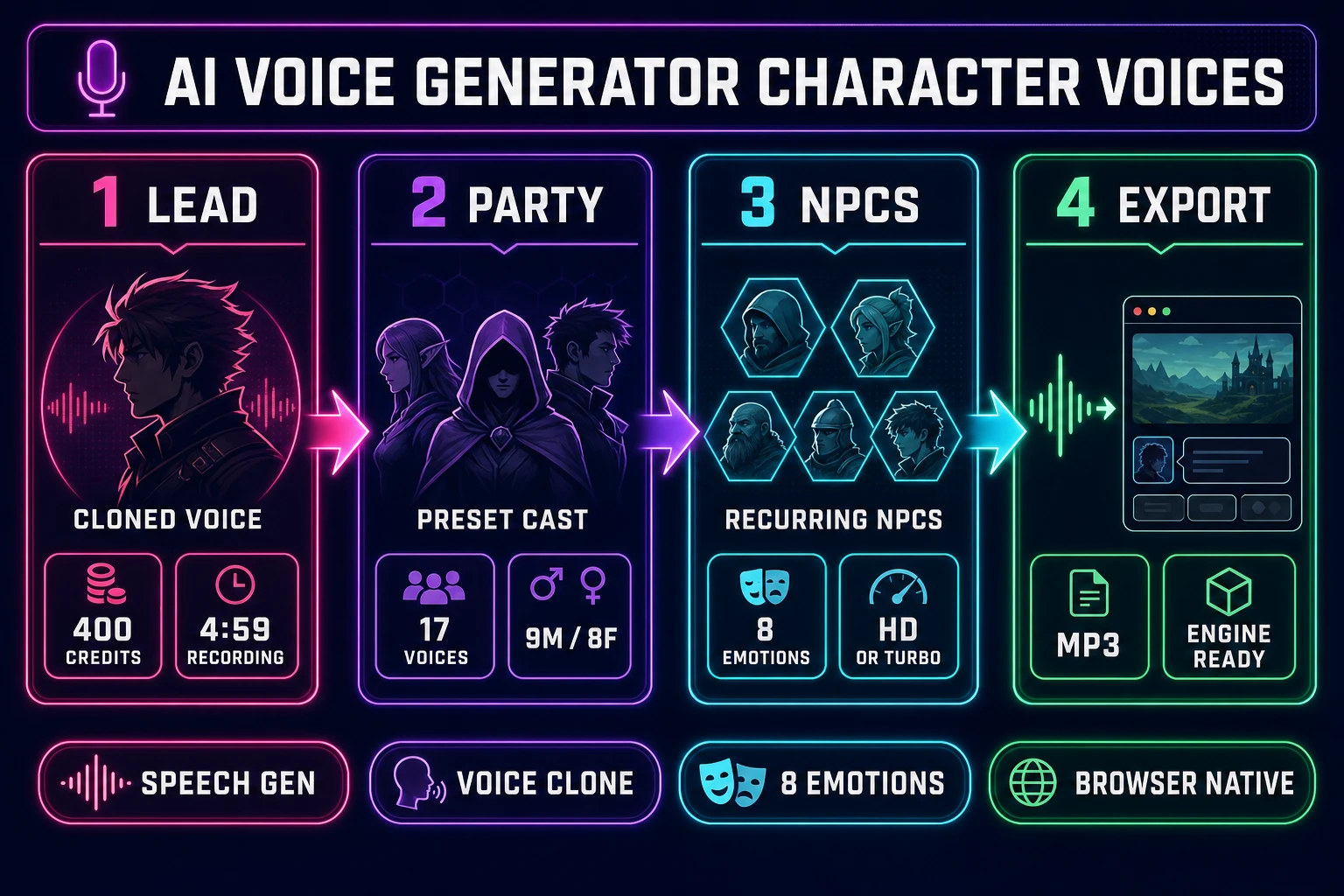 Four-panel diagram of an AI voice generator character voices pipeline for indie games &mdash; the cloned lead, the preset party, the recurring NPCs with emotion control, and the engine-ready MP3 export