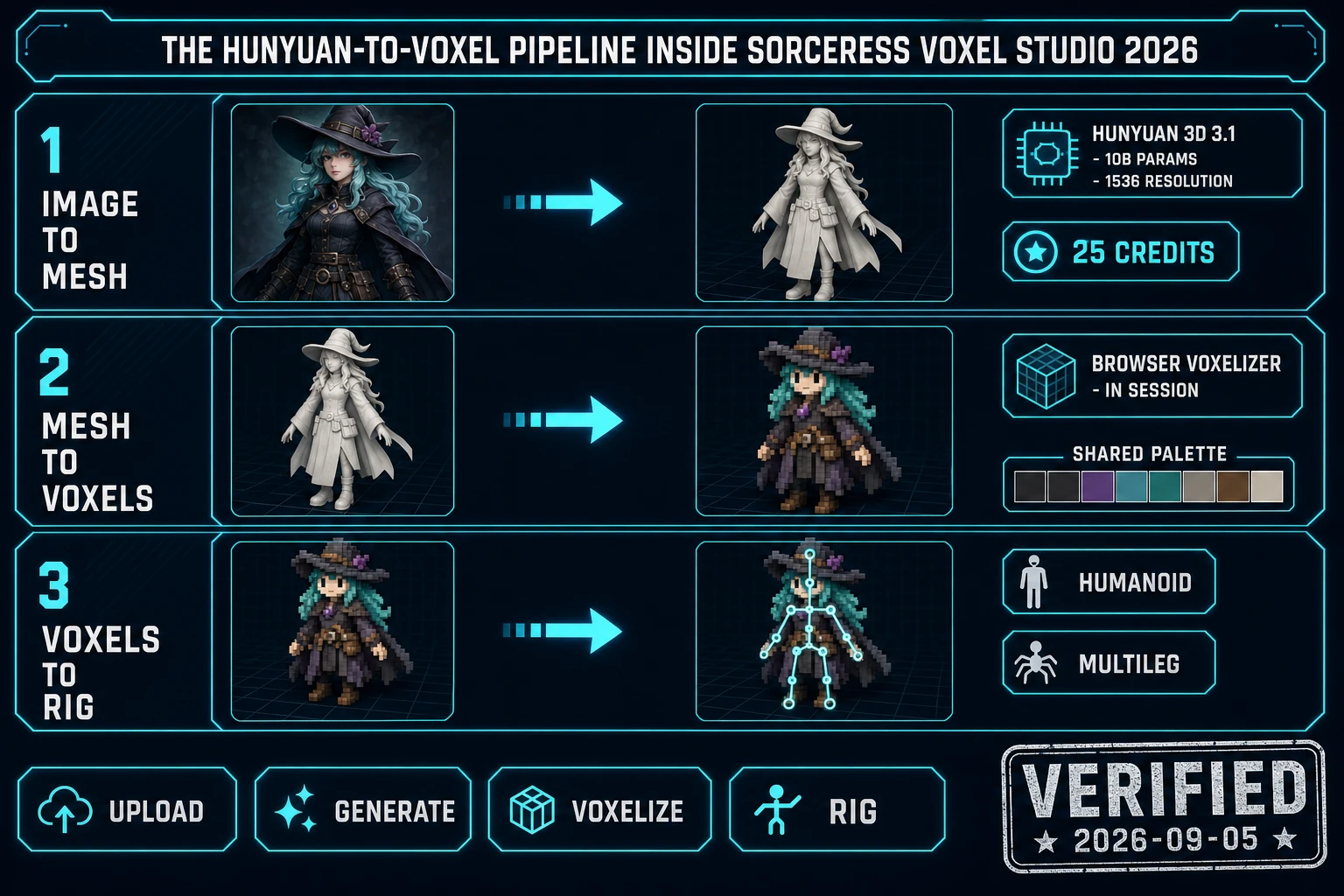 The Hunyuan-to-voxel pipeline inside Sorceress Voxel Studio 2026: three-row diagram showing image to mesh with Hunyuan 3D 3.1 at 25 credits, mesh to voxels with browser voxelizer and shared palette, voxels to rig with humanoid and multileg skeletons