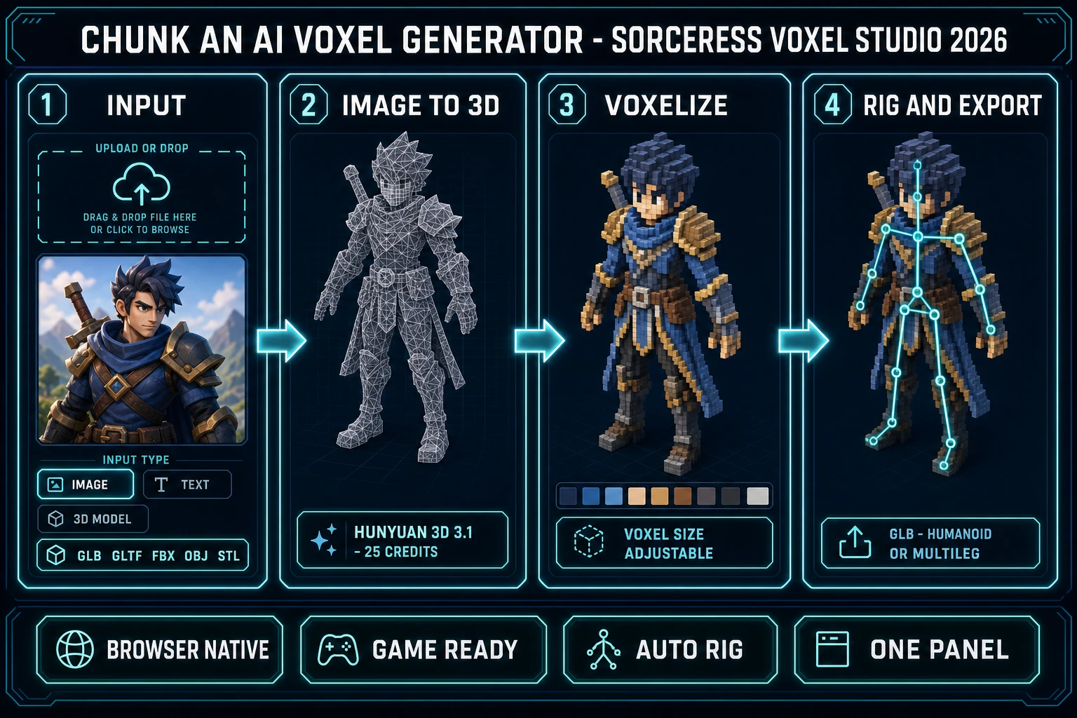 Chunk an ai voxel generator browser block path 2026: four-panel Sorceress Voxel Studio diagram showing image and 3D model input, Hunyuan 3D 3.1 image-to-3D at 25 credits, in-browser voxelization with palette, and humanoid or multi-leg rig plus GLB export