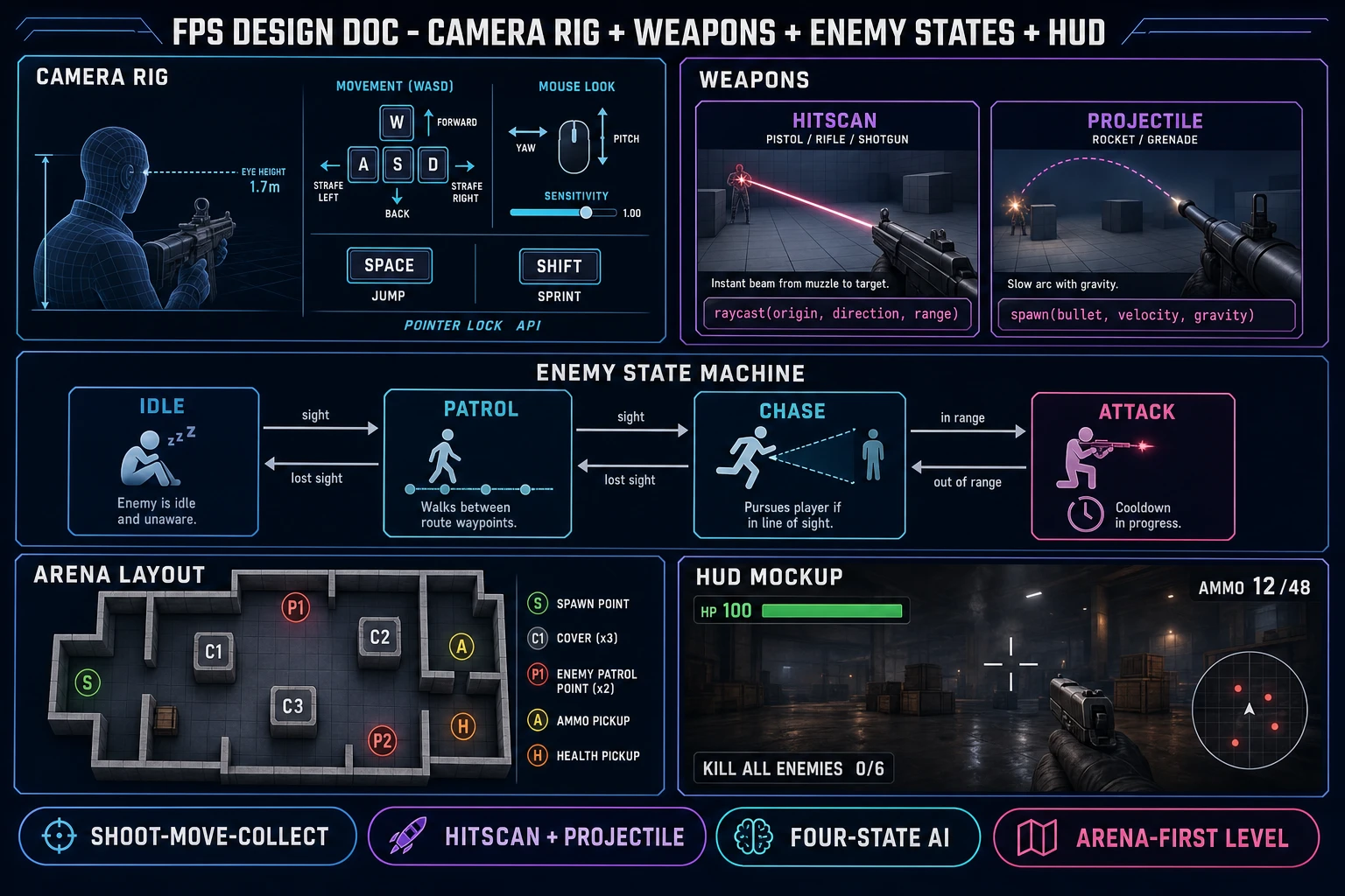 First person shooter game design doc showing camera rig, weapons, enemy state machine, arena floorplan, and HUD mockup laid out on one dashboard