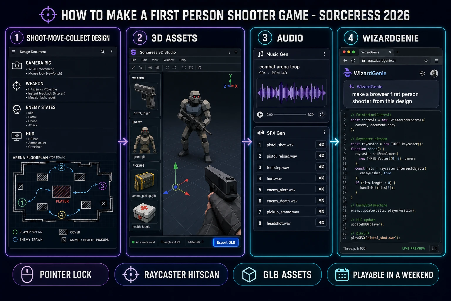 How to make a first person shooter game pipeline: design the shoot-move-collect loop, generate weapon and enemy assets in Sorceress 3D Studio, let WizardGenie code the browser FPS