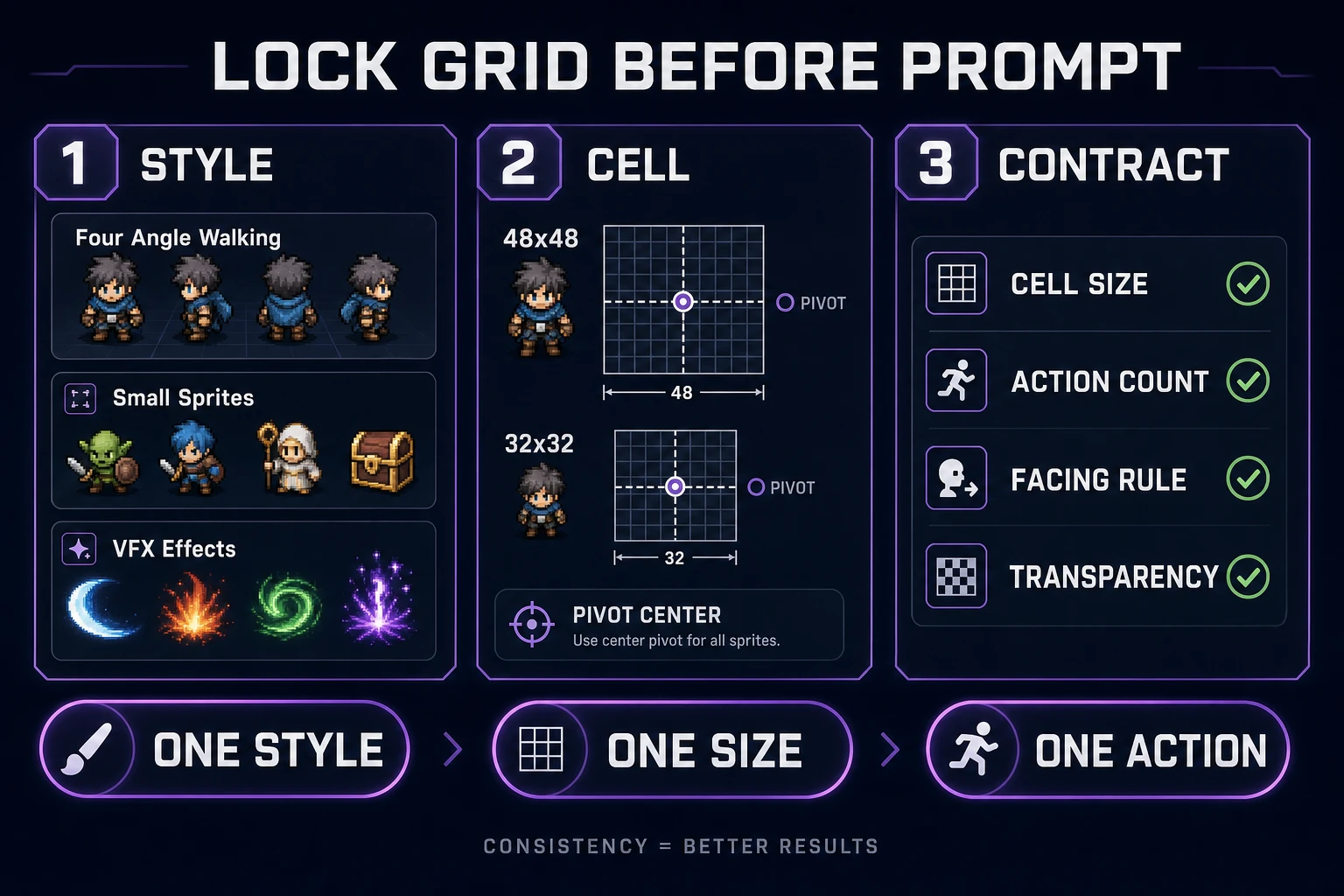 Scorecard for locking cell size, style, and prompt grammar before generating a sprite sheet