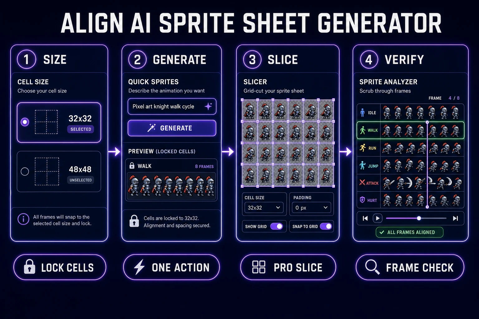 AI sprite sheet generator pipeline from locked cell size through Quick Sprites, Slicer, and Sprite Analyzer verification