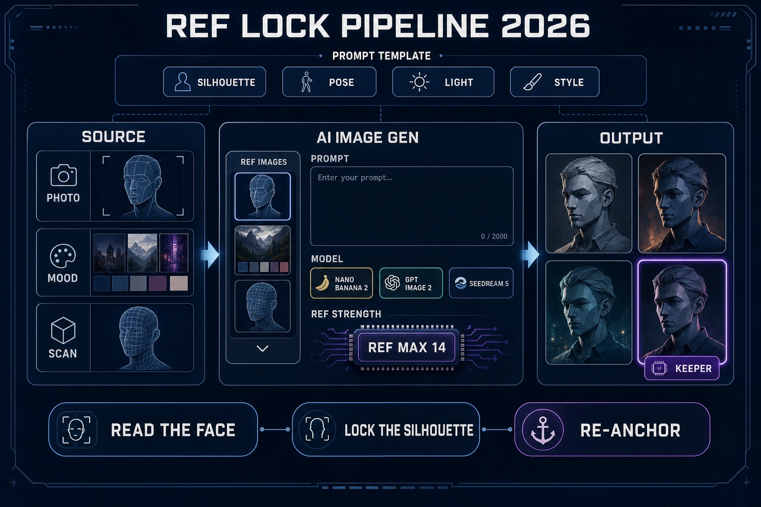 Reference image workflow diagram showing photo source, prompt template, model selection, and locked keeper output