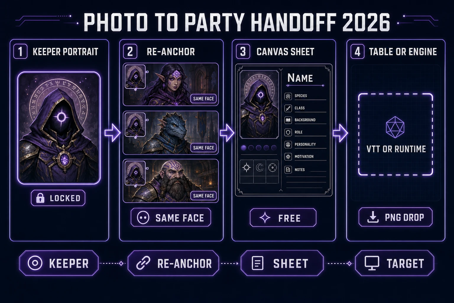 Photo-to-party handoff diagram: locked keeper, re-anchor for follow-ups, Canvas sheet, target table or engine