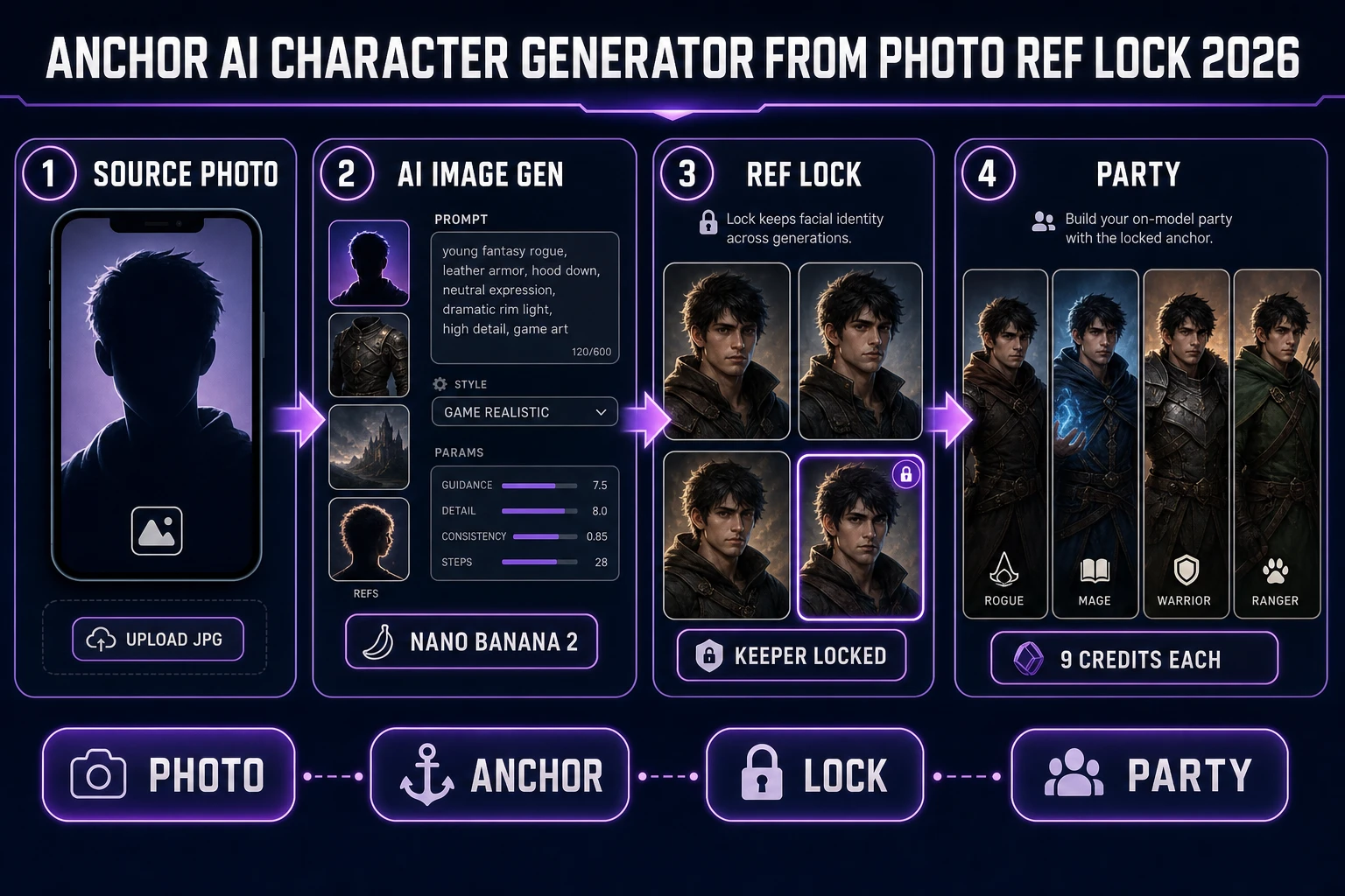Anchor ai character generator from photo: upload photo, run AI Image Gen with reference images on Nano Banana 2, lock a keeper, print the party