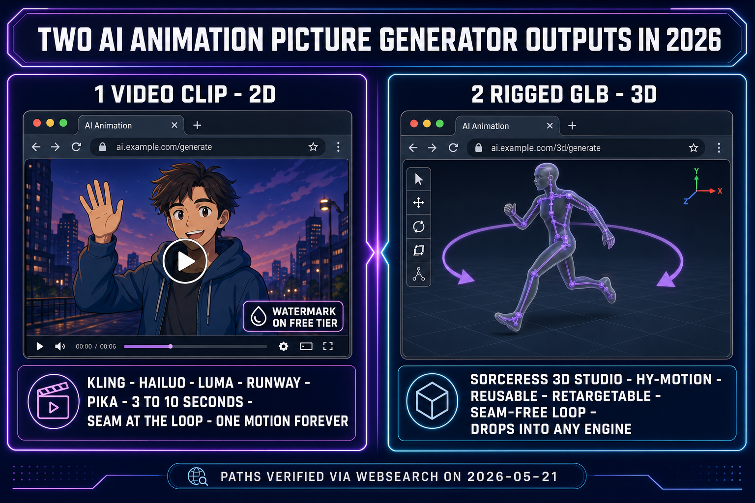 Two AI animation picture generator outputs in 2026: 2D video clip with a watermark and a loop seam, versus rigged 3D GLB with a seam-free loop ready for any engine