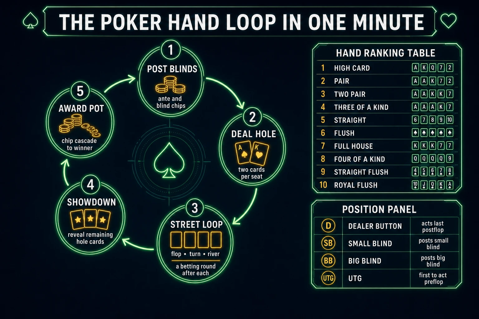 Poker hand loop state machine diagram showing post blinds, deal hole cards, street loop across flop turn river with betting round after each, showdown reveal, and award pot
