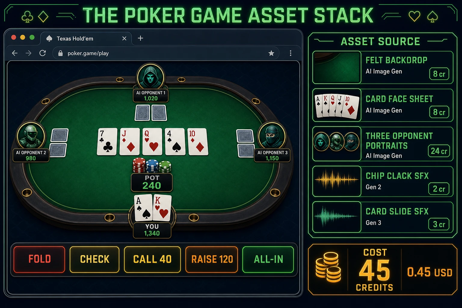 Poker game asset stack diagram showing AI Image Gen felt backdrop, 52-card face sheet, three opponent portraits, and SFX Gen chip clacks and card slides - about 45 credits total