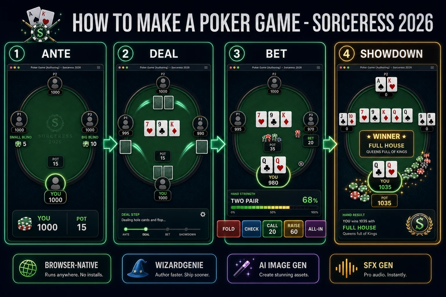 How to make a poker game browser pipeline: ante and blinds, deal hole cards, staged betting rounds, and showdown wired in WizardGenie with AI Image Gen felt and SFX Gen chip clacks