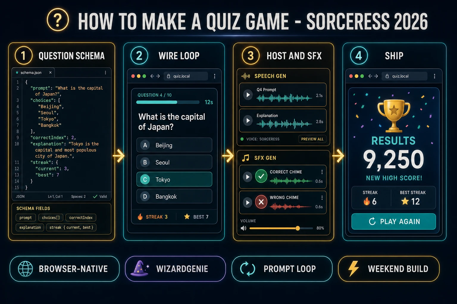 How to make a quiz game browser pipeline: design a prompt-choice-score schema, wire timed rounds in WizardGenie, add Speech Gen host lines and SFX