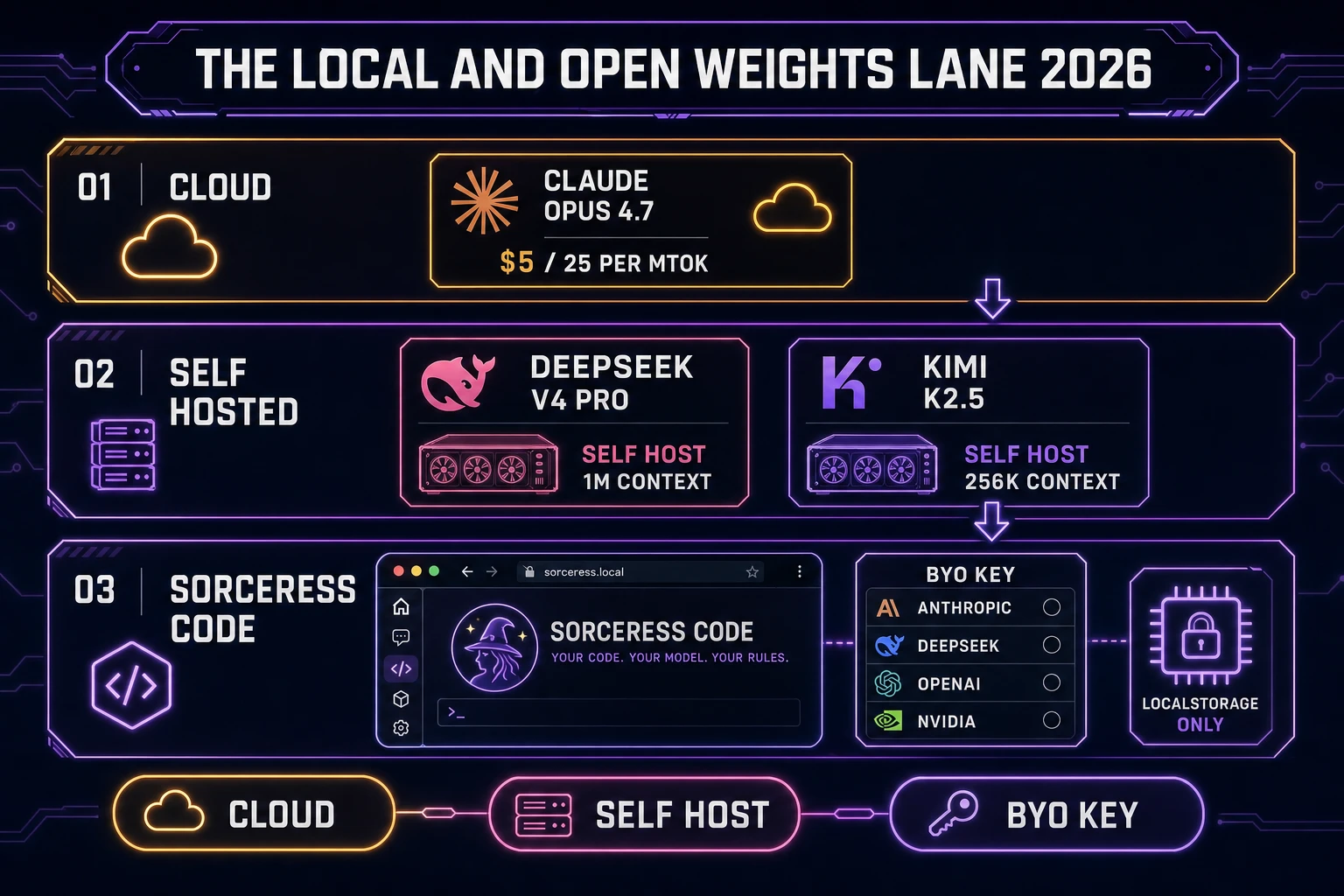 Local and open weights lane diagram showing cloud Claude Opus 4.7 self-hosted DeepSeek V4 Pro and Kimi K2.5 and Sorceress Code BYO key panel with anthropic deepseek openai nvidia providers stored in localStorage only