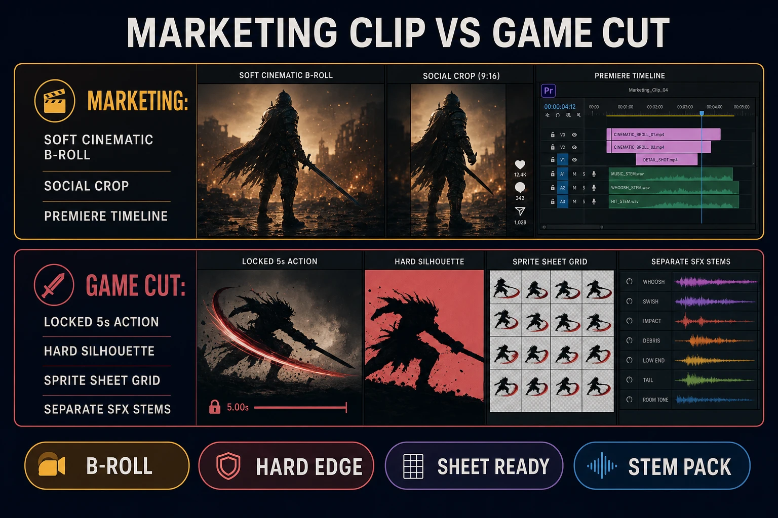 Marketing clip path versus game cut path with hard silhouette sprite sheet and separate SFX stems