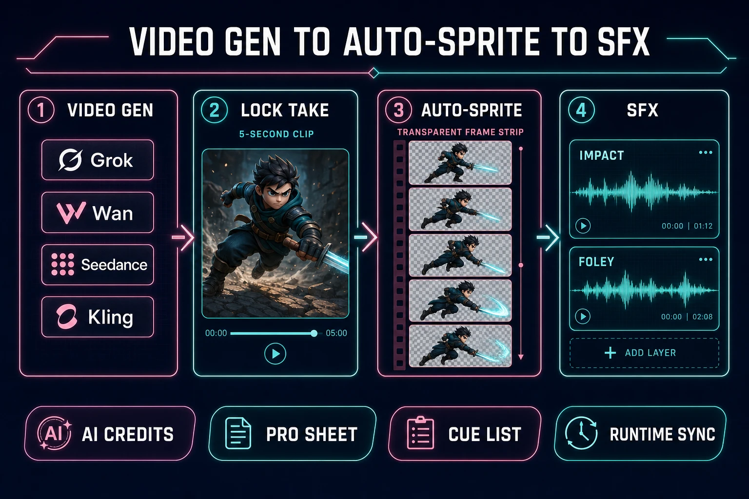 Sorceress pipeline from AI Video Gen model picker through Auto-Sprite sheet and SFX Gen cue cleanup