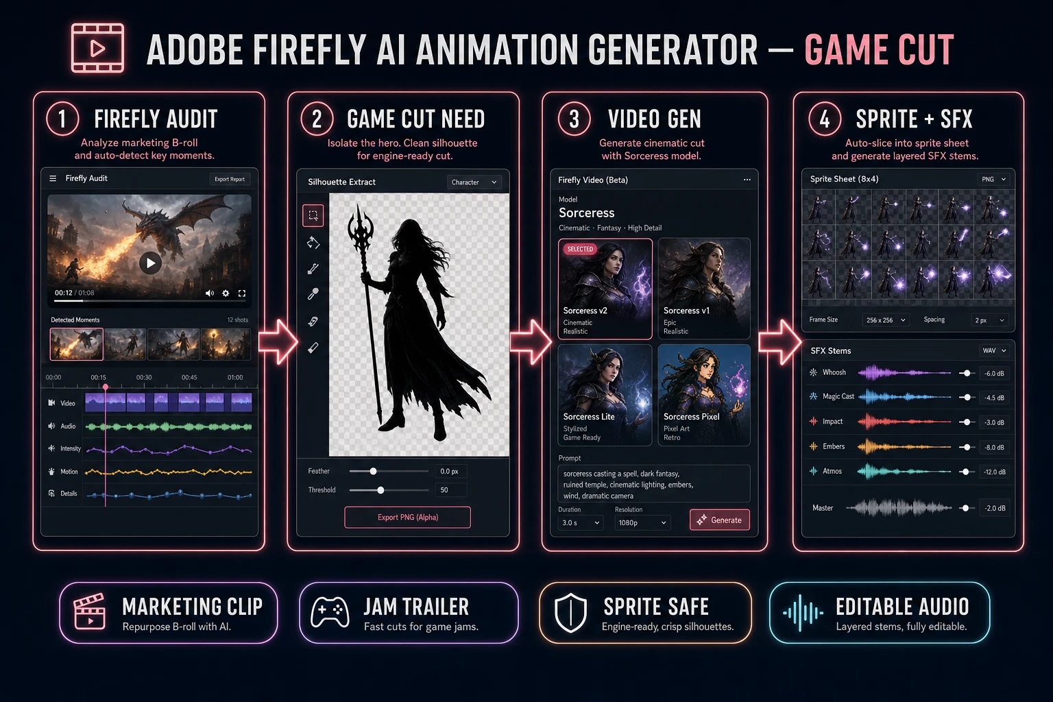 Adobe Firefly AI animation generator audit pipeline from marketing clip to Sorceress game cut with Video Gen Auto-Sprite and SFX