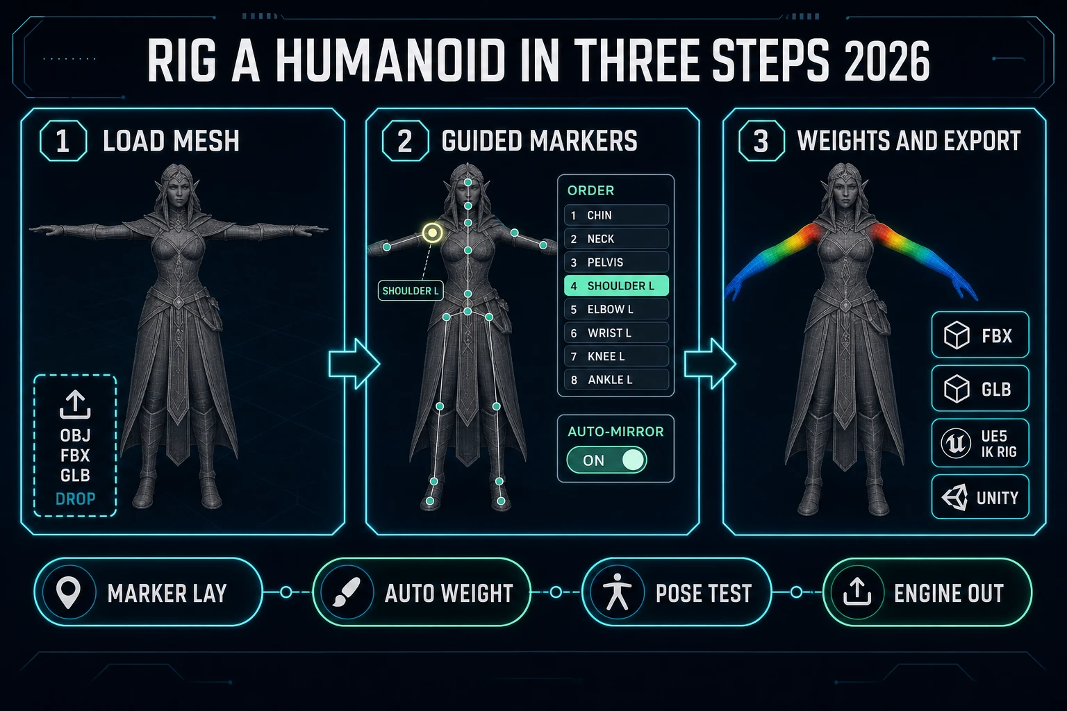 Sorceress Auto-Rigging three-step workflow diagram 2026: T-pose mesh load, guided marker placement with auto-mirror, weight paint and export to FBX GLB Unity Unreal