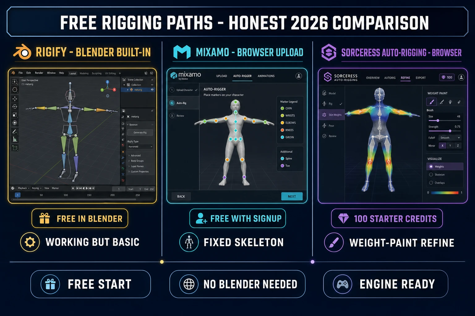 Three-column comparison infographic showing Rigify (Blender built-in), Mixamo (browser upload, fixed Mixamo skeleton), and Sorceress Auto-Rigging (browser-native, 100 starter credits, weight-paint refinement) on a dark navy background with amber, cyan, and purple accents